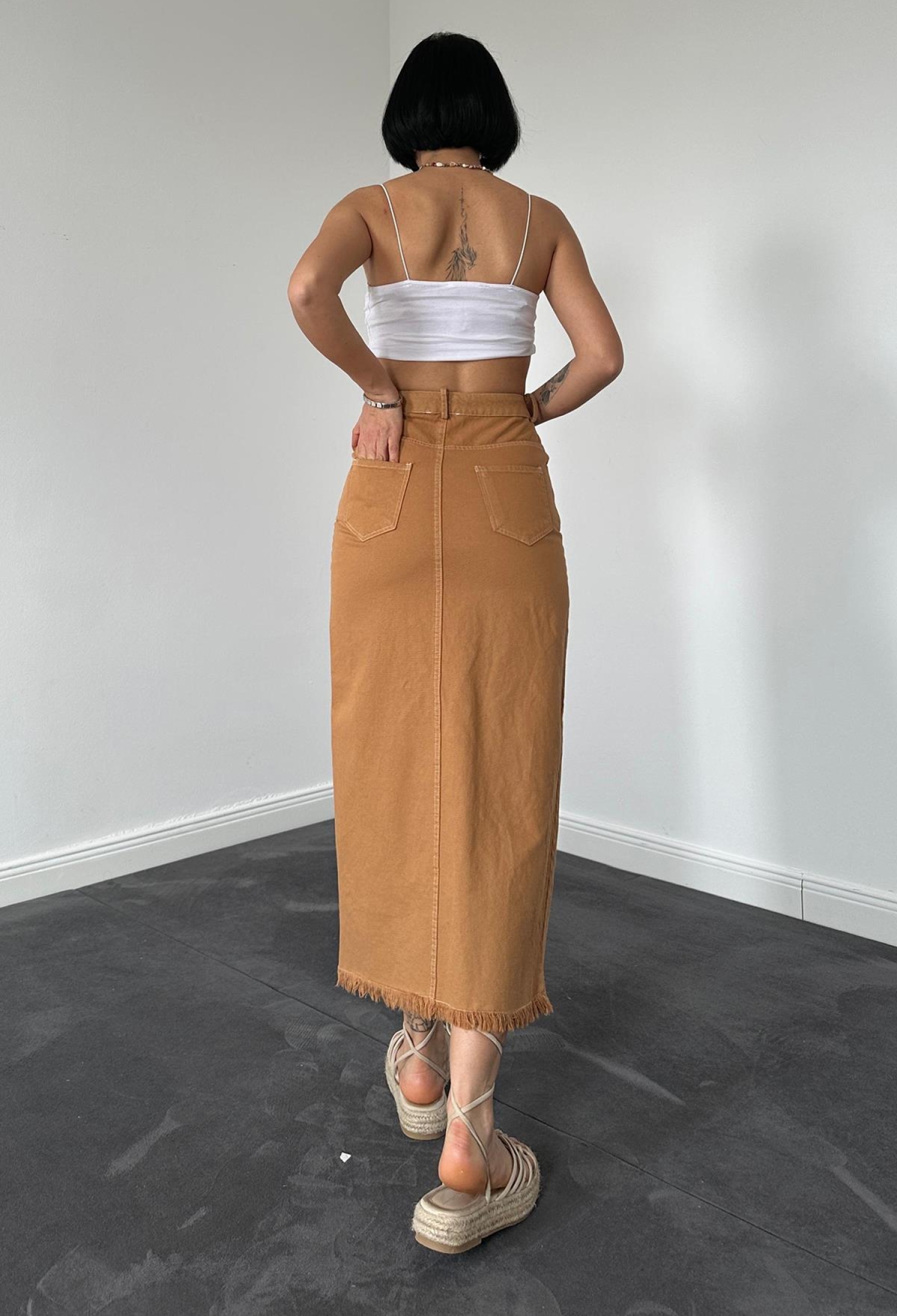 Gabardine Dyed Tassel Skirt - Camel - Brand: Elisa - Women & Kids, Baby Clothes Wholesale - TheBS Women