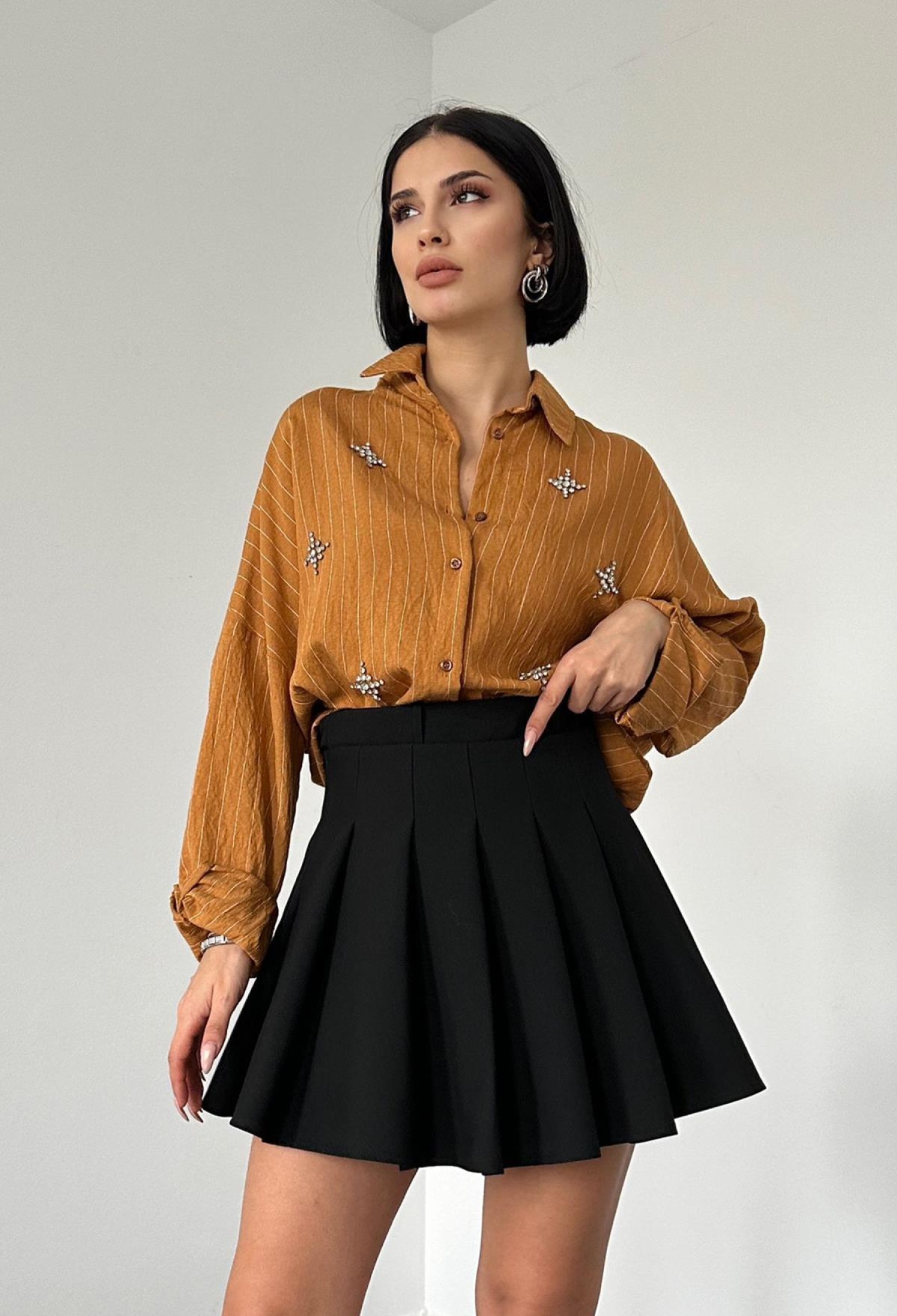 Striped Crystal Stone Classic Shirt - Brown - Brand: Elisa - Women & Kids, Baby Clothes Wholesale - TheBS Women