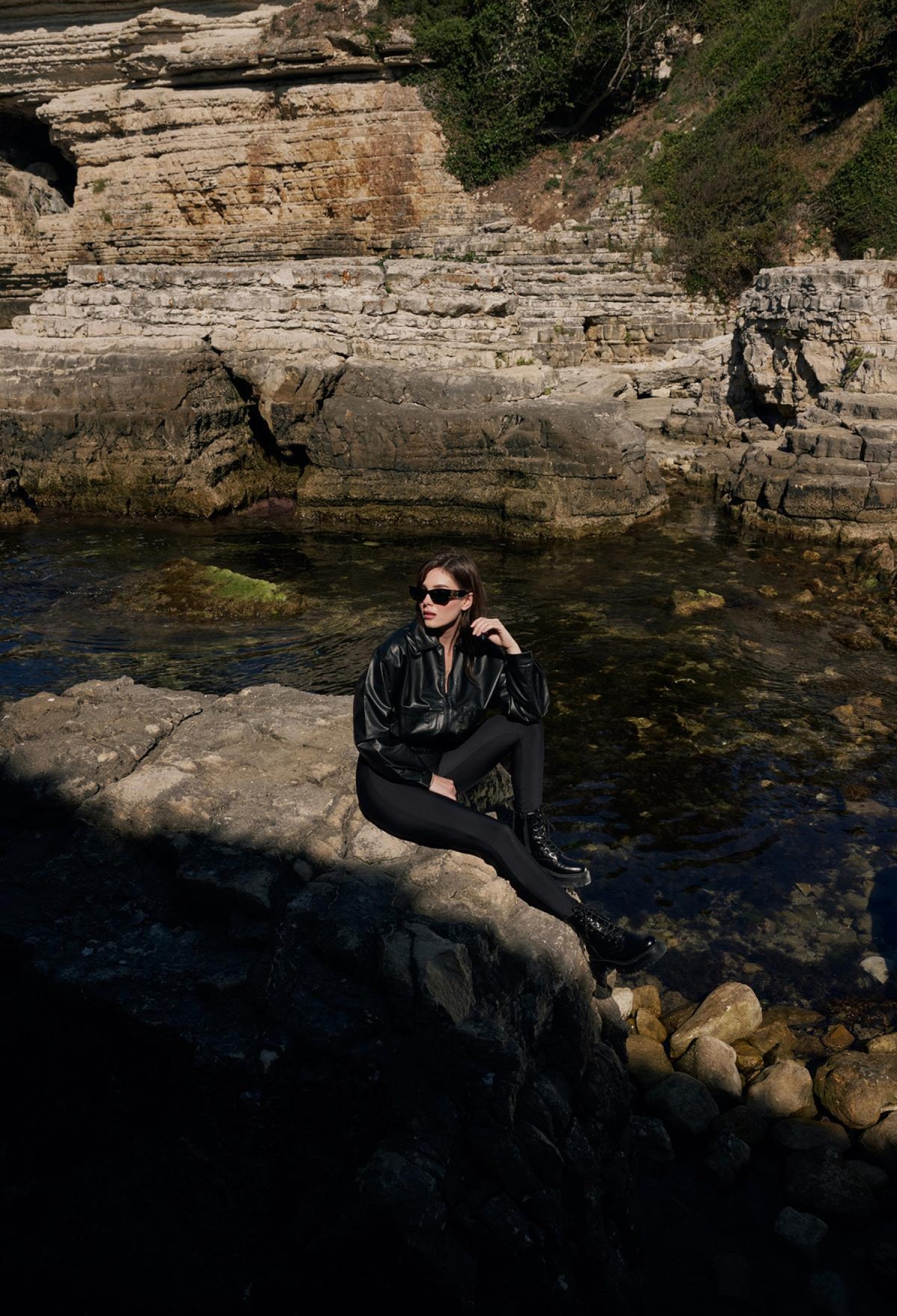 Pocket Detail Elastic Waist Faux Leather Women's Jacket Black - Brand: Levure - Women & Kids, Baby Clothes Wholesale - TheBS Women