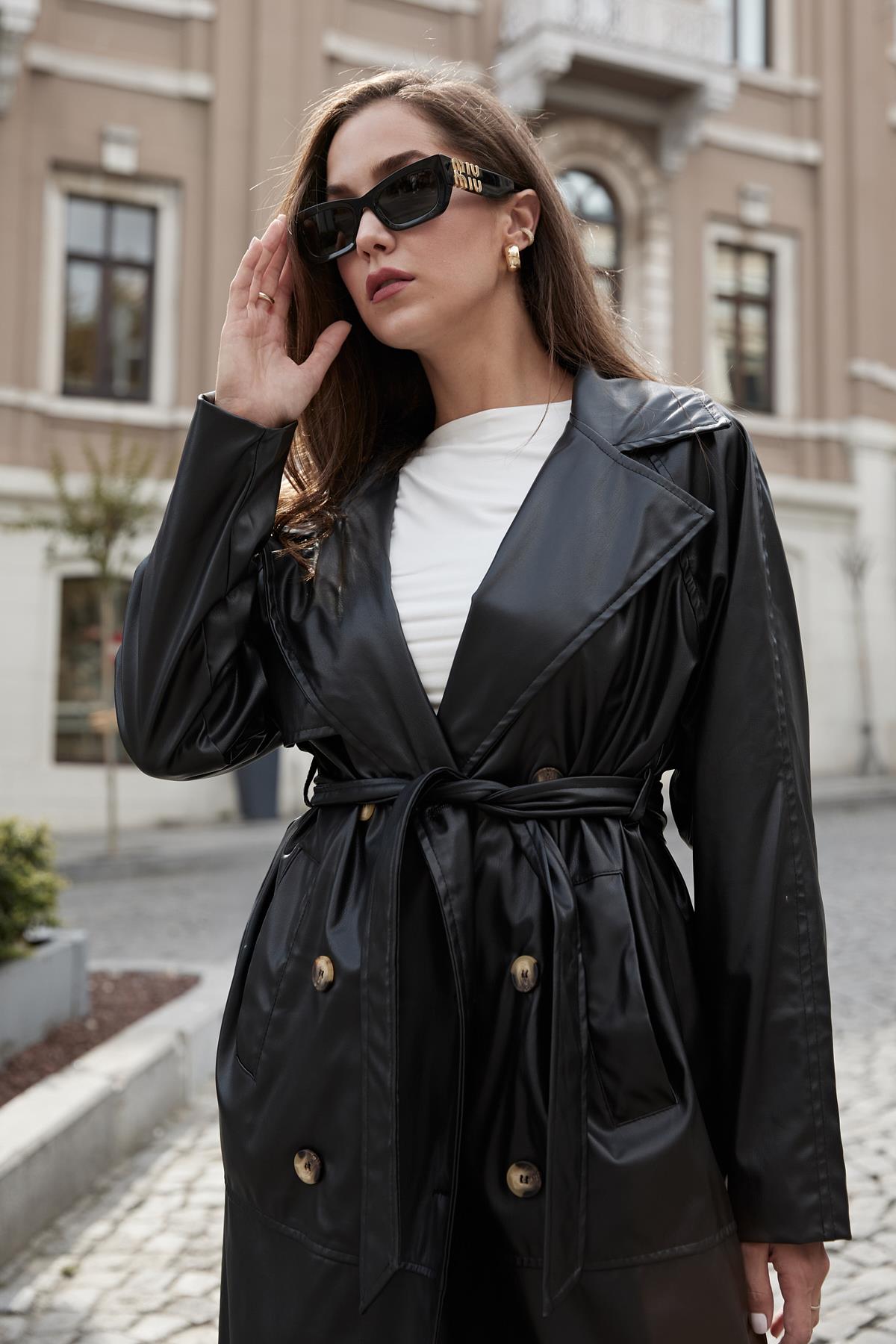 Leather Fabric Waist Belted Women's Trench Coat - Brand: Levure - Women & Kids, Baby Clothes Wholesale - TheBS Women