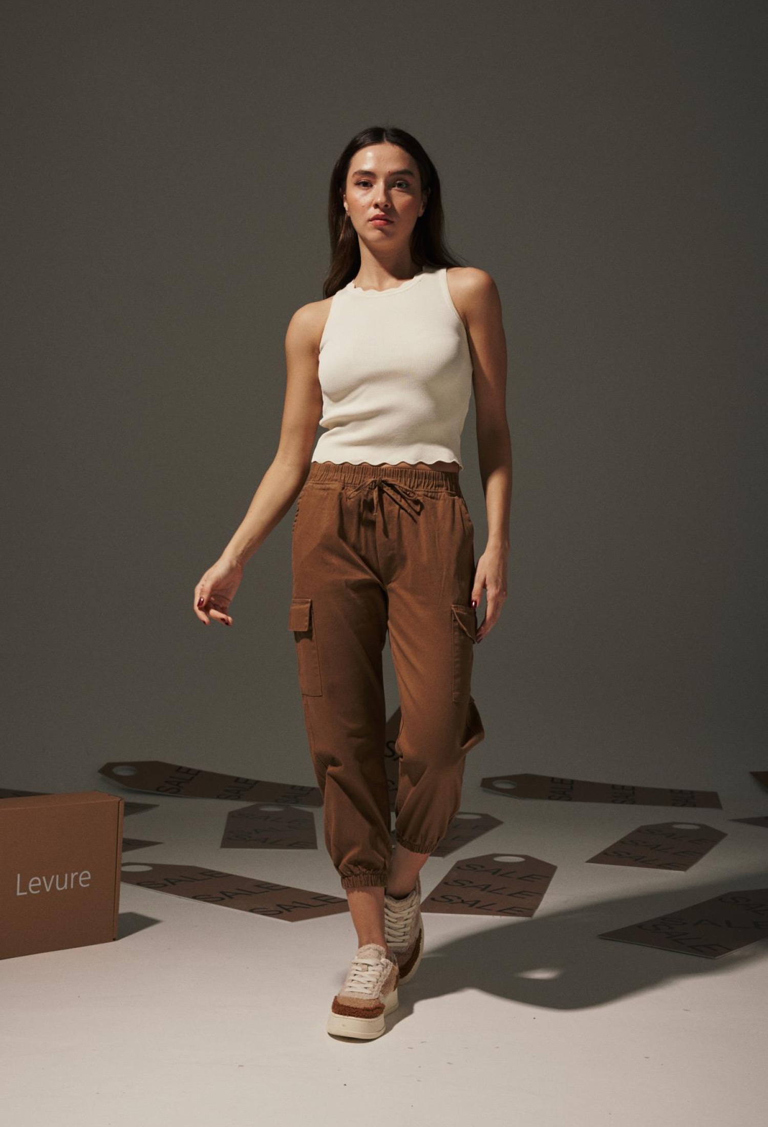 Gabardine Waist Elastic Women's Trousers - Tan - Brand: Levure - Women & Kids, Baby Clothes Wholesale - TheBS Women