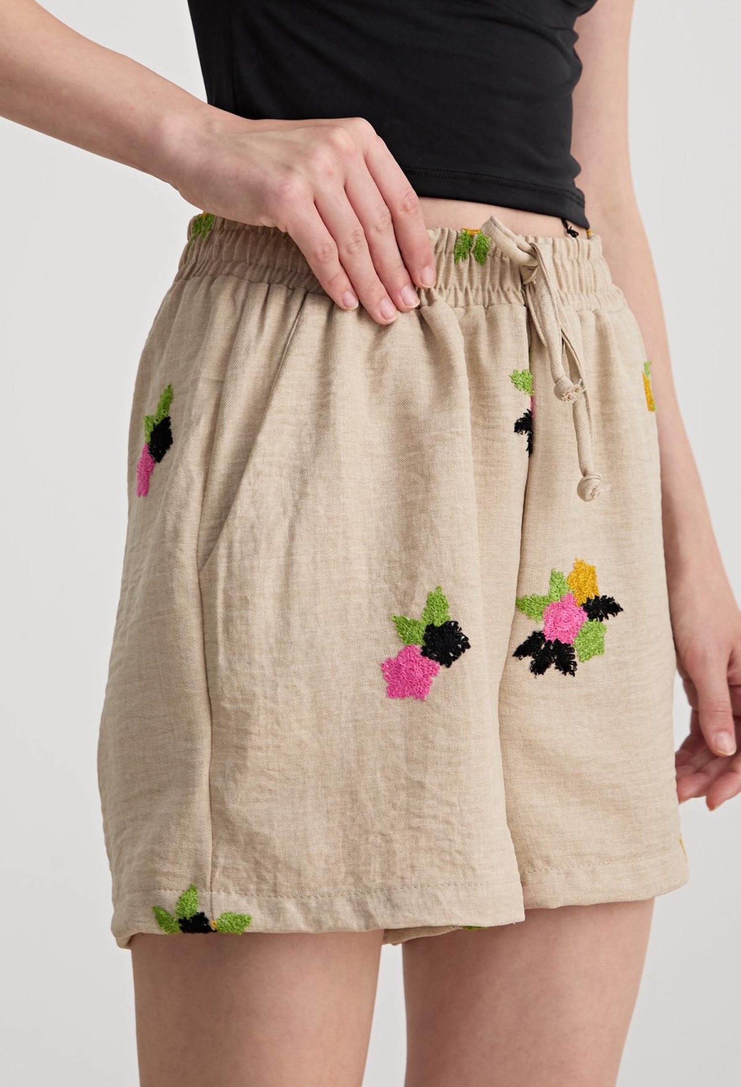 Flower Patterned Linen Shorts With Elastic Waist Stone - Brand: Levure - Women & Kids, Baby Clothes Wholesale - TheBS Women