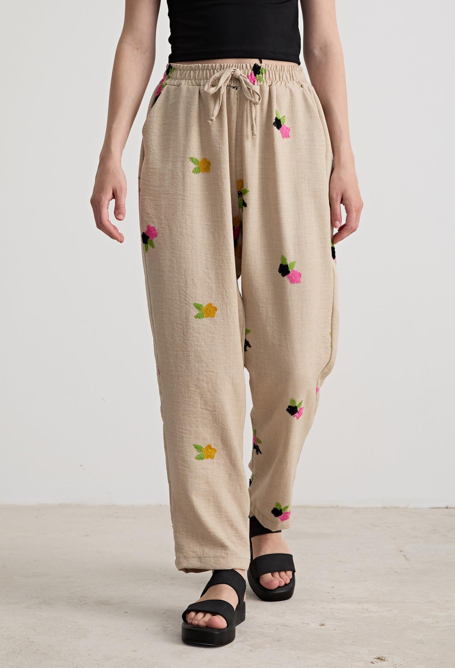 Women's Floral Patterned Elastic Waist Trousers Stone - Brand: Levure - Women & Kids, Baby Clothes Wholesale - TheBS Women