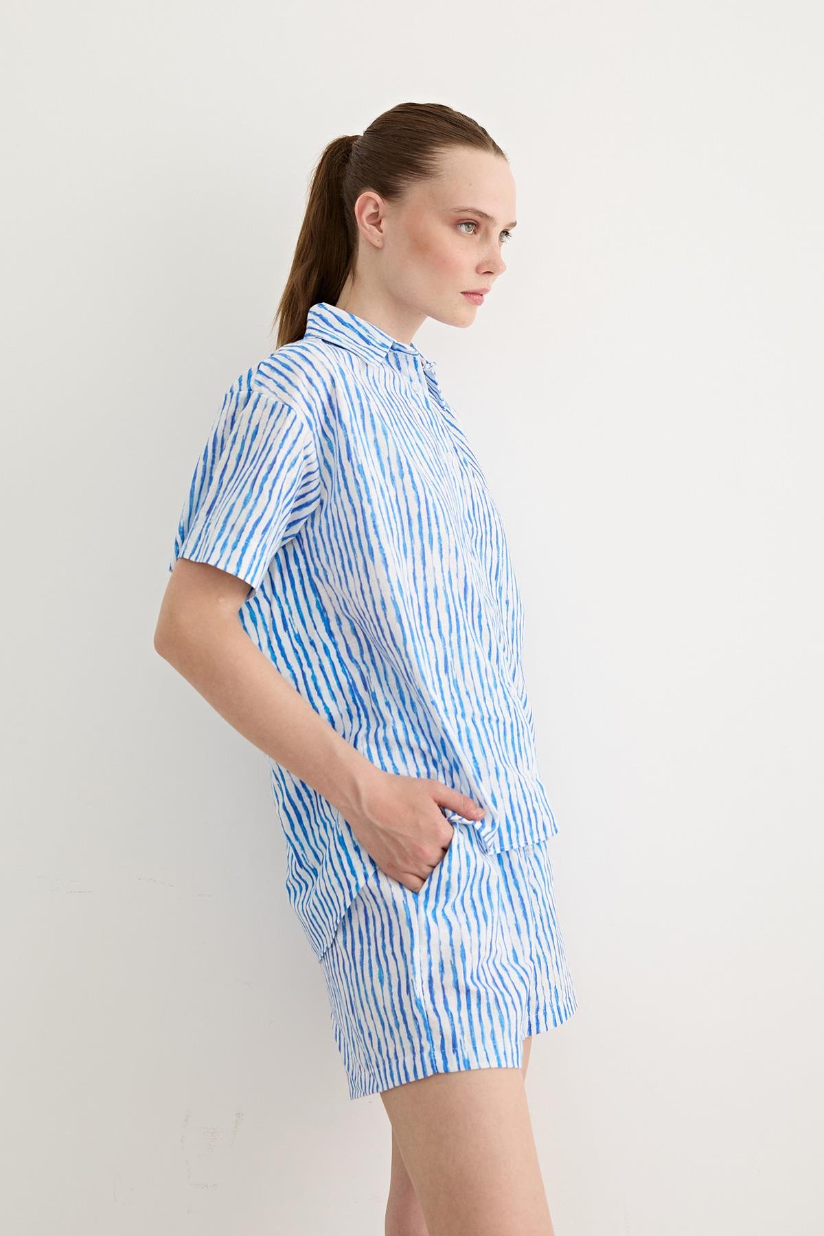 Bead Detailed Striped Short Shorts Blue – Brand: Levure – Women & Kids, Baby Clothes Wholesale – TheBS Women