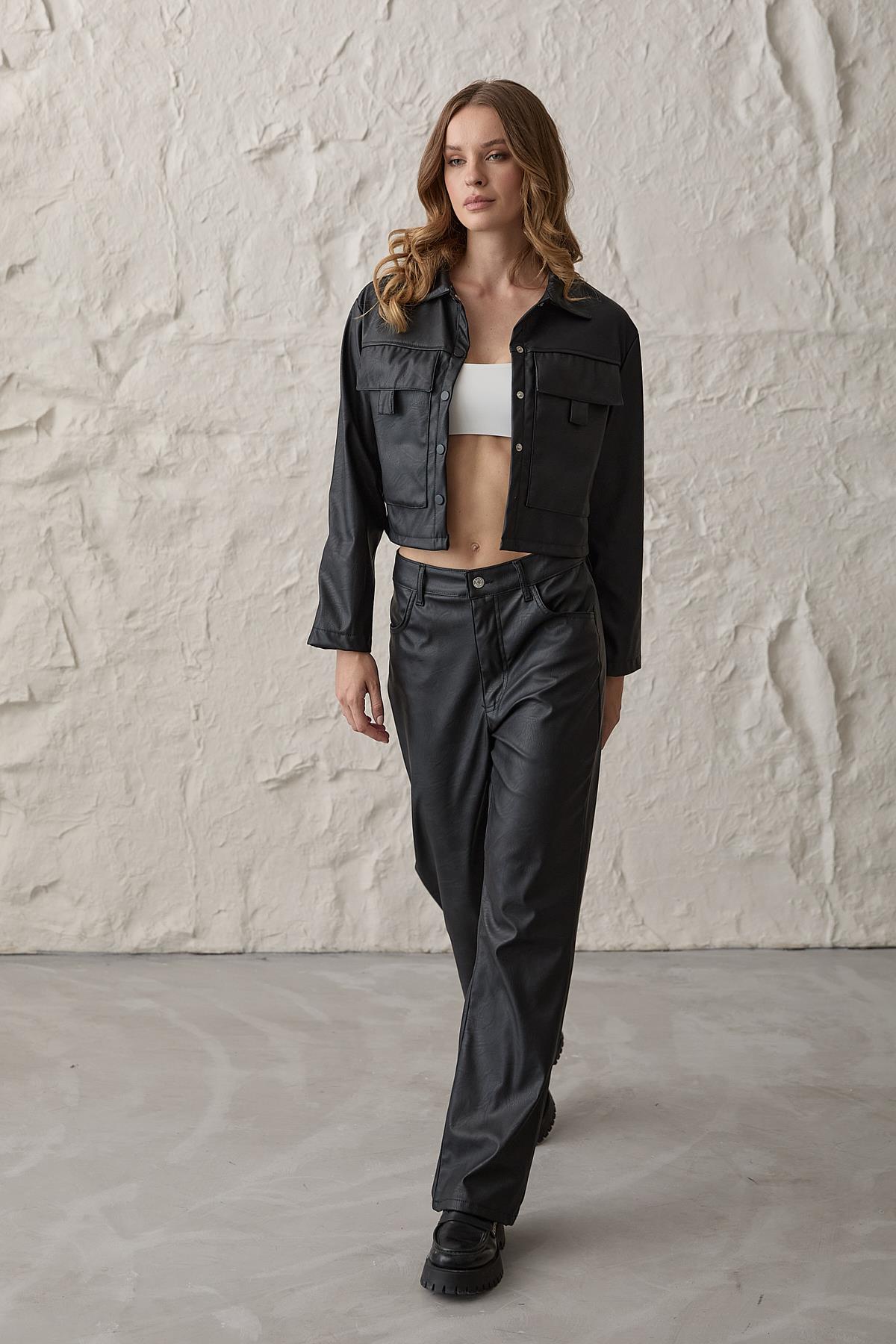 Snap Detailed Long Sleeve Leather Coat Black – Brand: Levure – Women & Kids, Baby Clothes Wholesale – TheBS Women