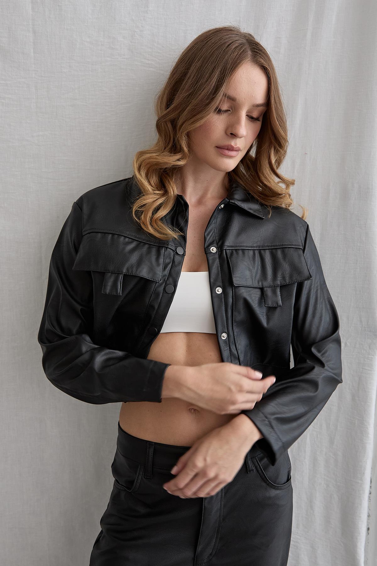 Snap Detailed Long Sleeve Leather Coat Black – Brand: Levure – Women & Kids, Baby Clothes Wholesale – TheBS Women