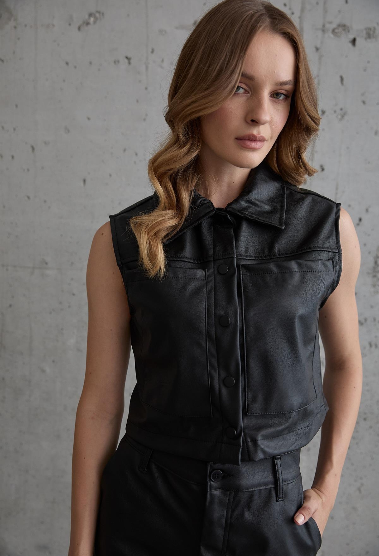 Snap Detail Sleeveless Leather Vest Black - Brand: Levure - Women & Kids, Baby Clothes Wholesale - TheBS Women