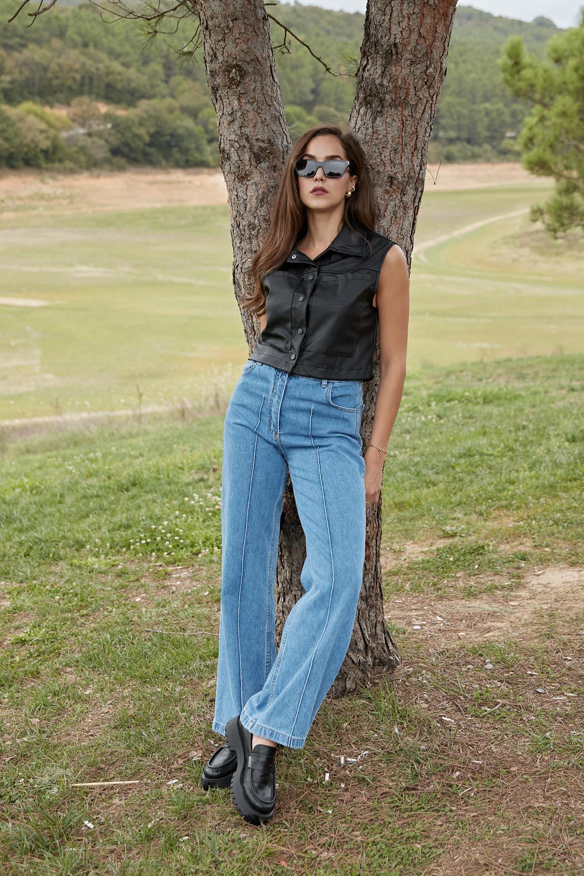 Button Detailed Wide Leg Jeans - Blue - Brand: Levure - Women & Kids, Baby Clothes Wholesale - TheBS Women