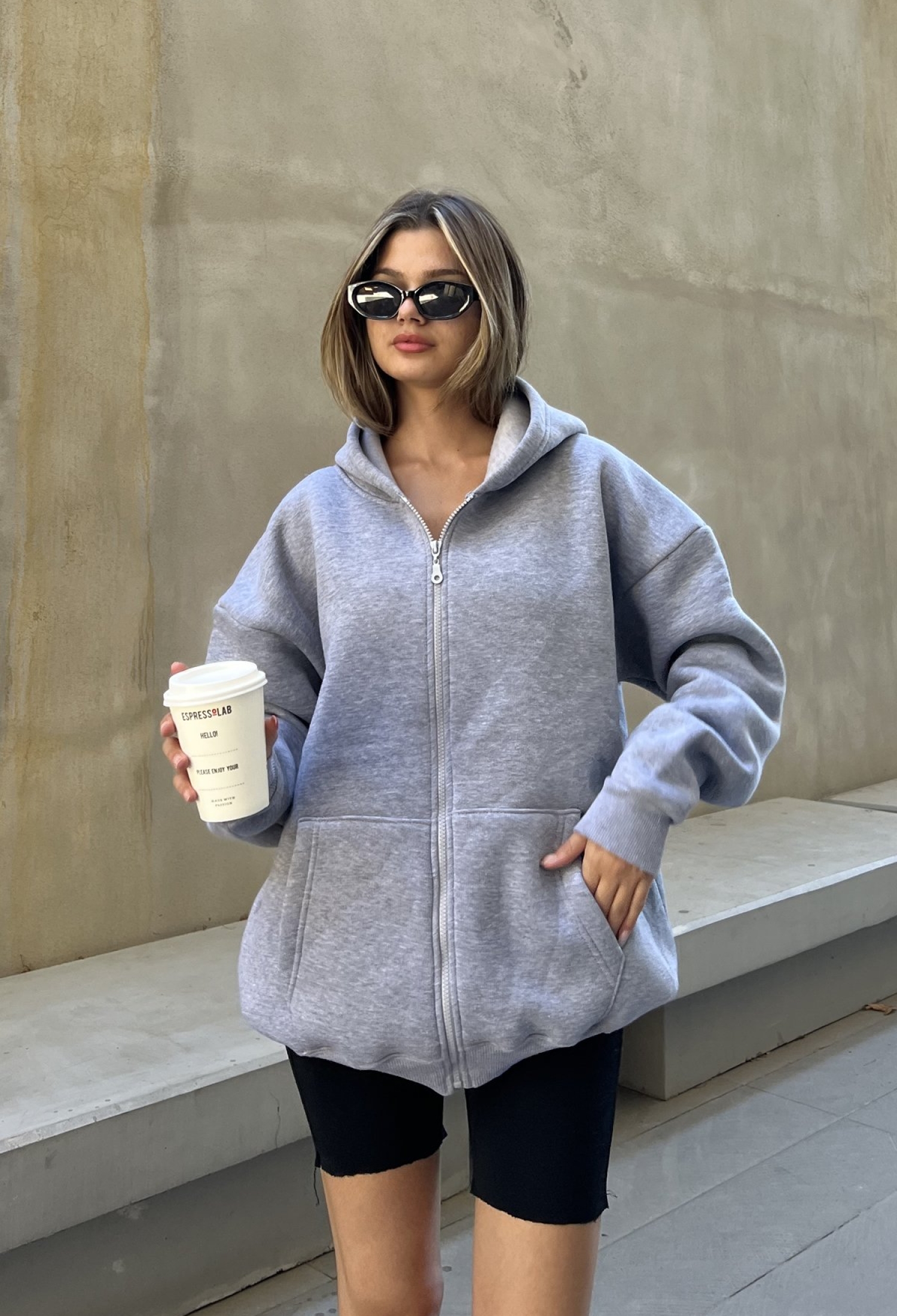 Zippered Raised Oversize Sweatshirt - Gray - Brand: la & vetta - Women & Kids, Baby Clothes Wholesale - TheBS Women