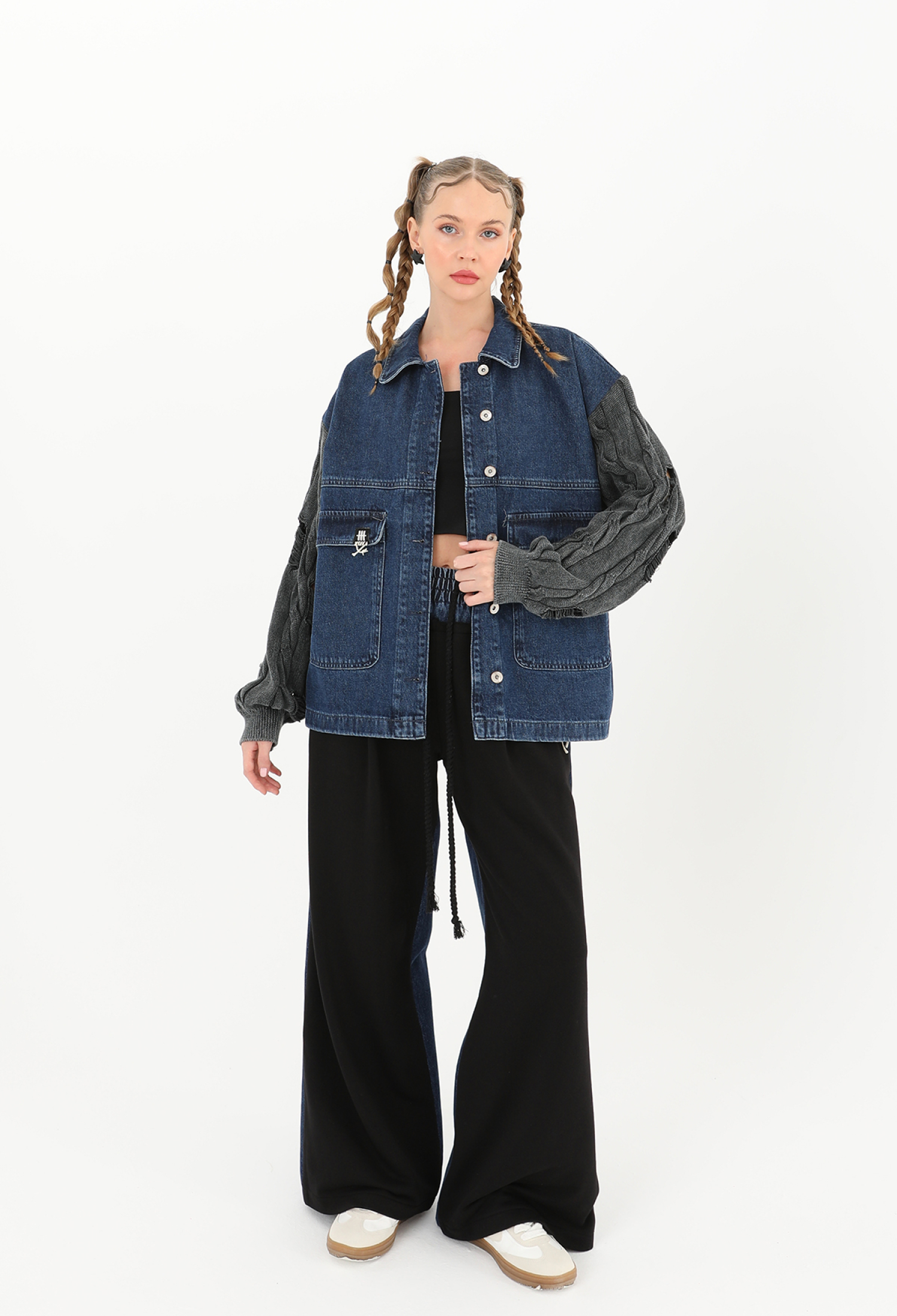 Knitted Sleeve Detailed Denim Jacket -& Blue - Brand: SOUL - Women & Kids, Baby Clothes Wholesale - TheBS Women