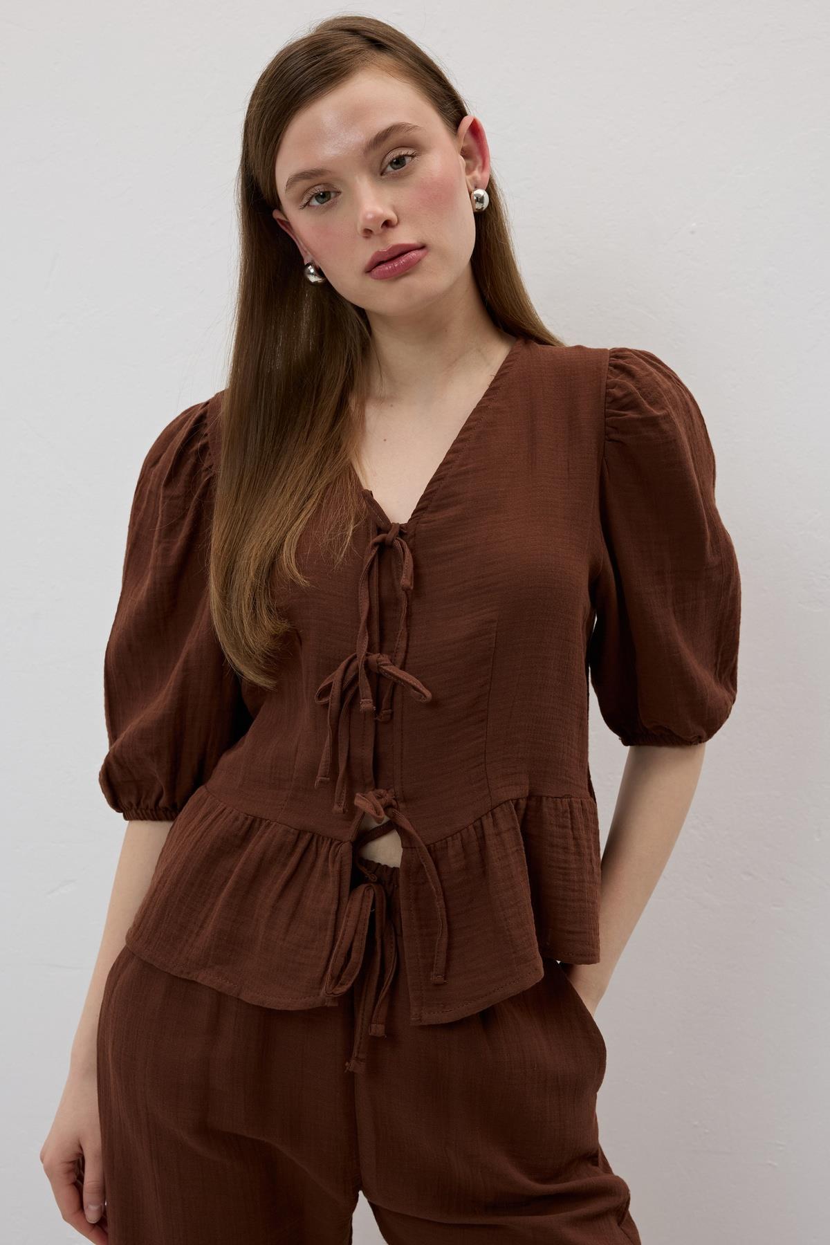 Front Tie Sleeve Elastic Mueslin Blouse - Brand: Levure - Women & Kids, Baby Clothes Wholesale - TheBS Women Front Tie Sleeve Elastic Mueslin Blouse - Brand: Levure - Women & Kids, Baby Clothes Wholesale - TheBS Women