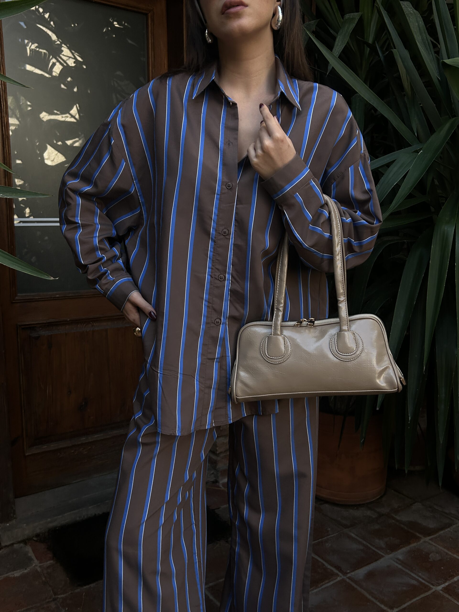 Coffee Striped Wide Cut Viscose Fabric Shirt And Pants Set 29046 – Brand: First Angels – Women & Kids, Baby Clothes Wholesale – TheBS Women