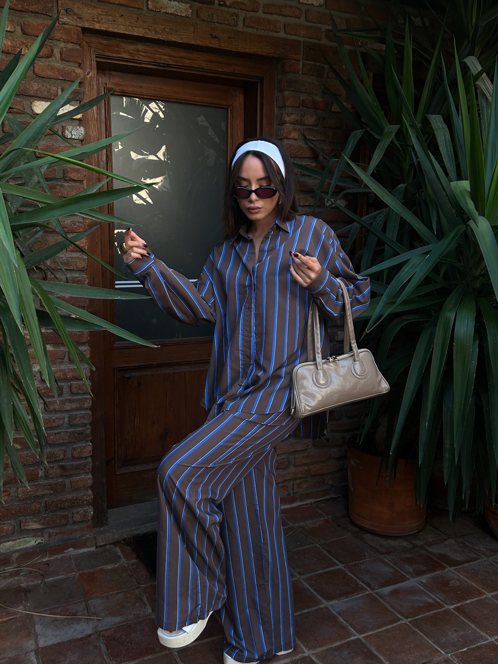 Coffee Striped Wide Cut Viscose Fabric Shirt And Pants Set 29046 – Brand: First Angels – Women & Kids, Baby Clothes Wholesale – TheBS Women