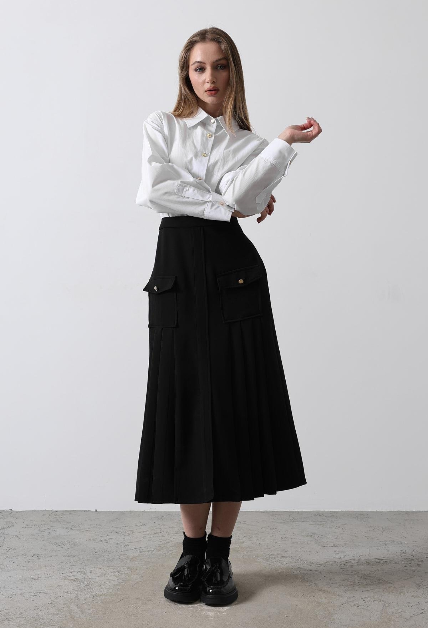 Pleated Contrast Shirt Dress - - White - Brand: Reyon - Women & Kids, Baby Clothes Wholesale - TheBS Women