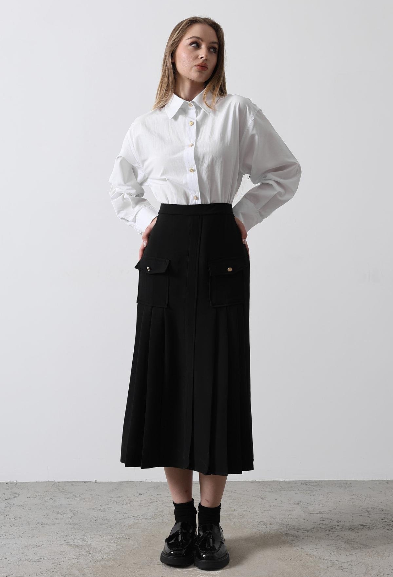 Pleated Contrast Shirt Dress - - White - Brand: Reyon - Women & Kids, Baby Clothes Wholesale - TheBS Women