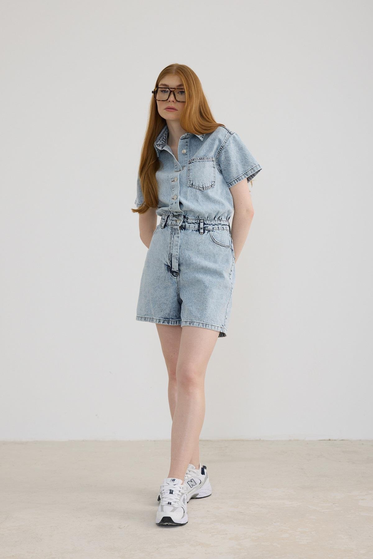 Short Sleeve Buttoned Shorts Jumpsuit Blue – Brand: Levure – Women & Kids, Baby Clothes Wholesale – TheBS Women