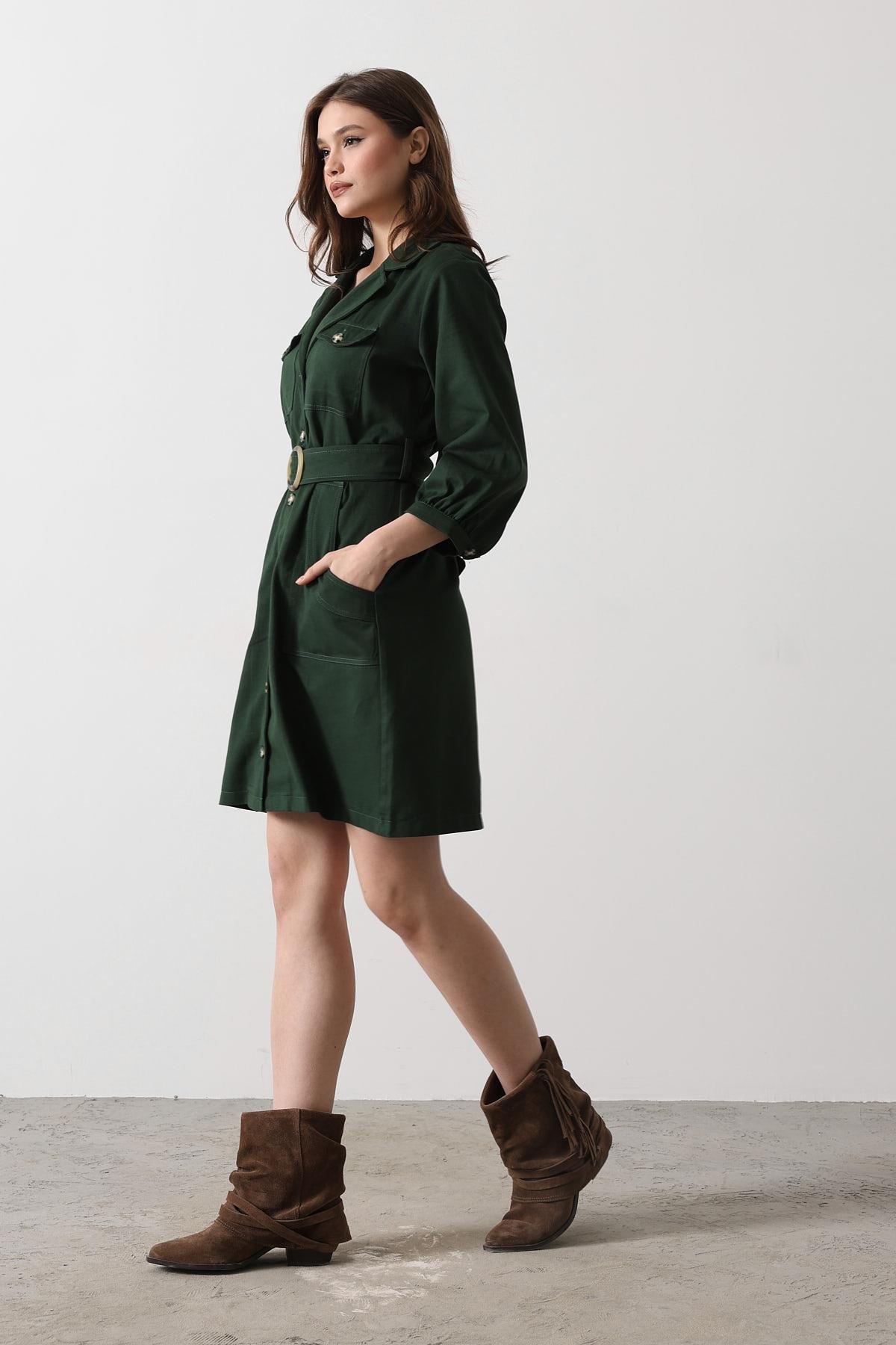 Belt Detailed Gabardine Dress - - Khaki - Brand: Reyon - Women & Kids, Baby Clothes Wholesale - TheBS Women