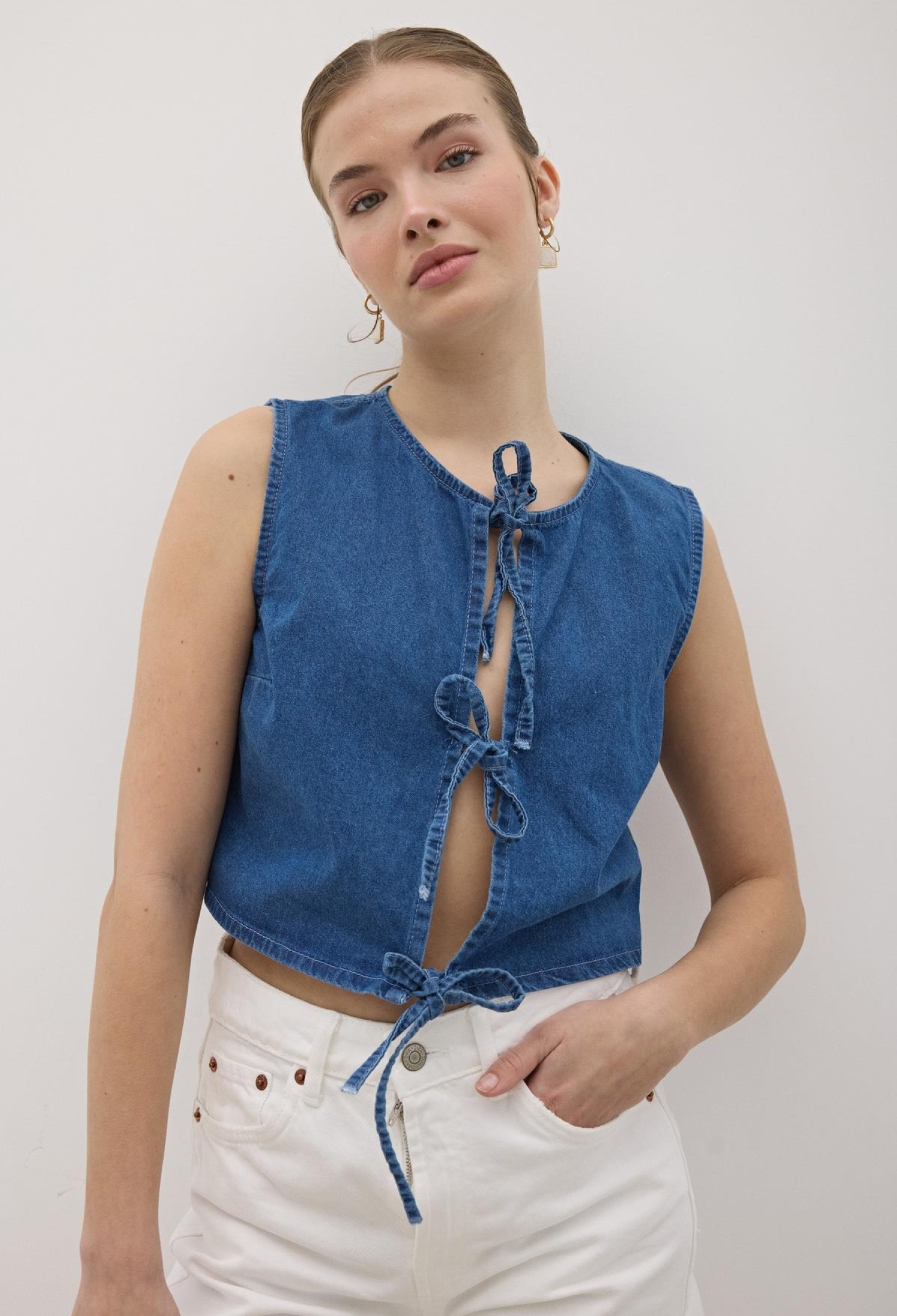 Front Tie Sleeveless Denim Vest Dark Blue - Brand: Levure - Women & Kids, Baby Clothes Wholesale - TheBS Women