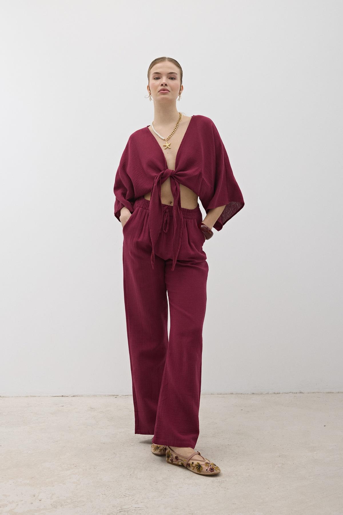 Mueslin Salaş Women's Pants Burgundy - Brand: Levure - Women & Kids, Baby Clothes Wholesale - TheBS Women Mueslin Salaş Women's Pants Burgundy - Brand: Levure - Women & Kids, Baby Clothes Wholesale - TheBS Women