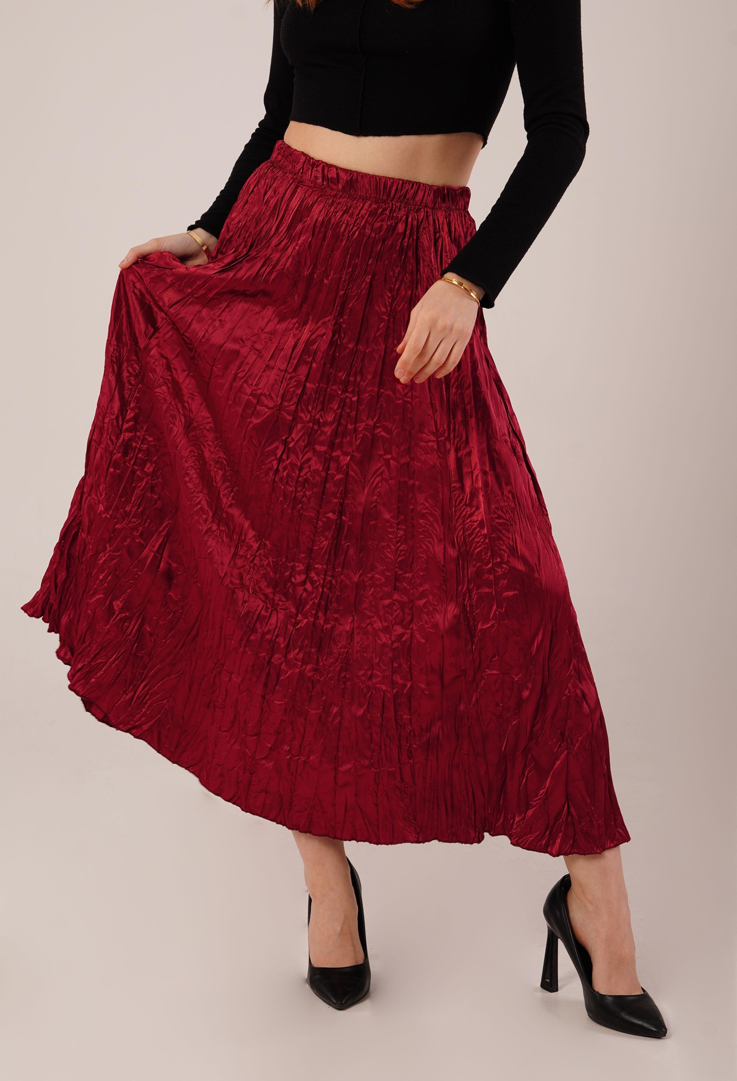 Midi Length Pleated Satin Wholesale Burgundy Skirt - Brand: Lustrin - Women & Kids, Baby Clothes Wholesale - TheBS Women