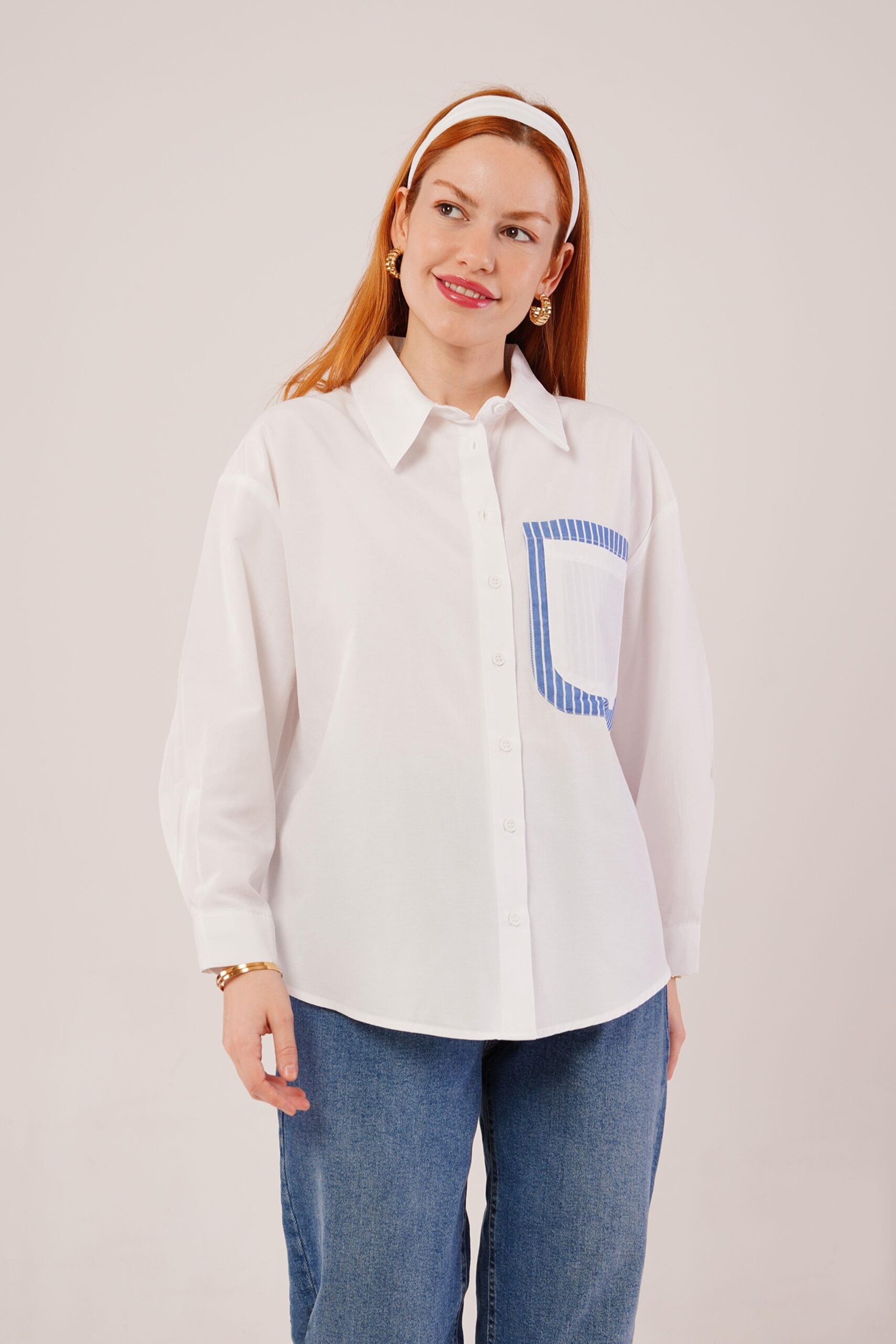 Striped Pocket Detailed White Wholesale Shirt – Brand: Lustrin – Women & Kids, Baby Clothes Wholesale – TheBS Women