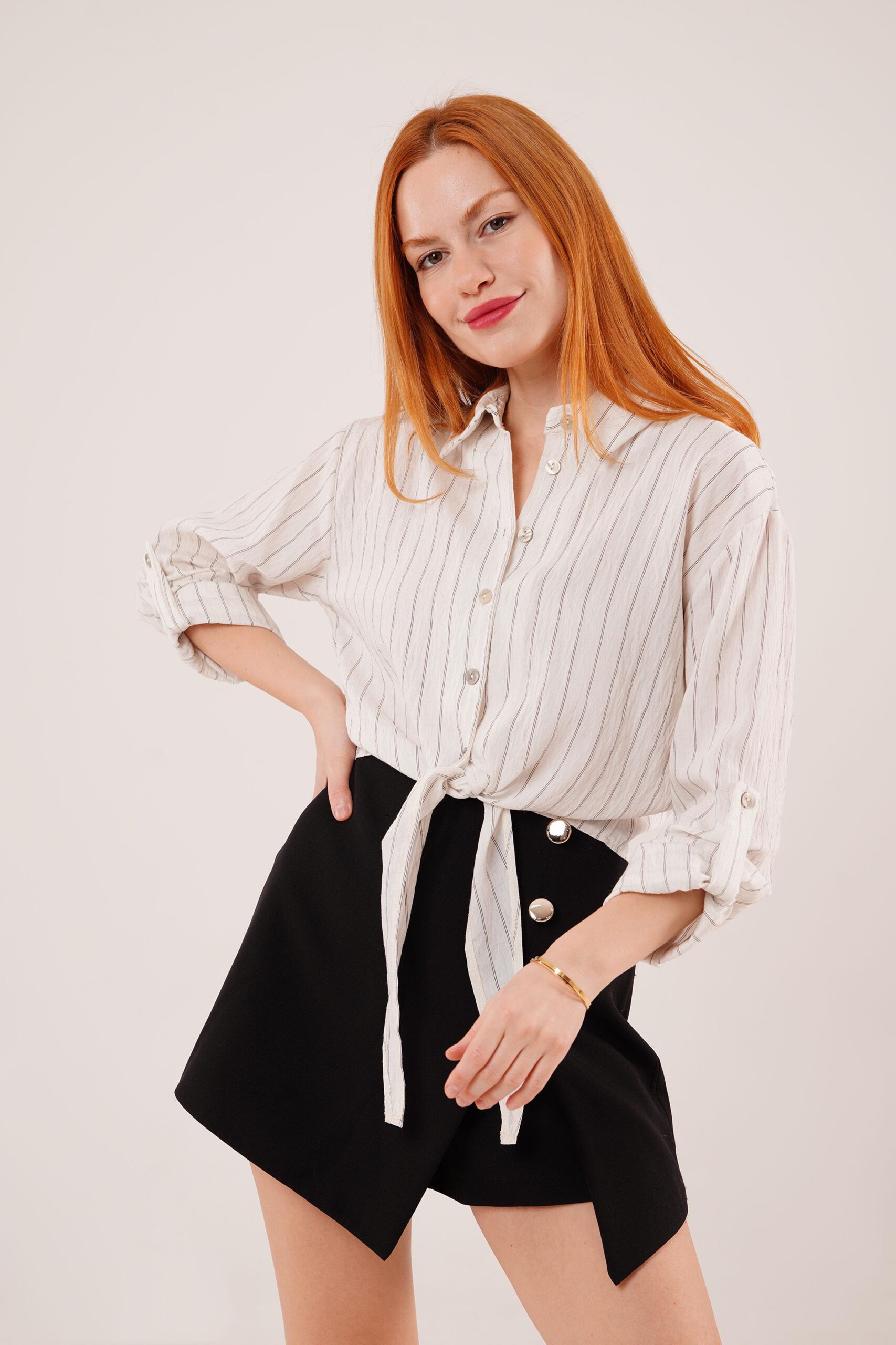 Wholesale White Shirt With Sleeve Detailed Tie Up Stripes - Brand: Lustrin - Women & Kids, Baby Clothes Wholesale - TheBS Women
