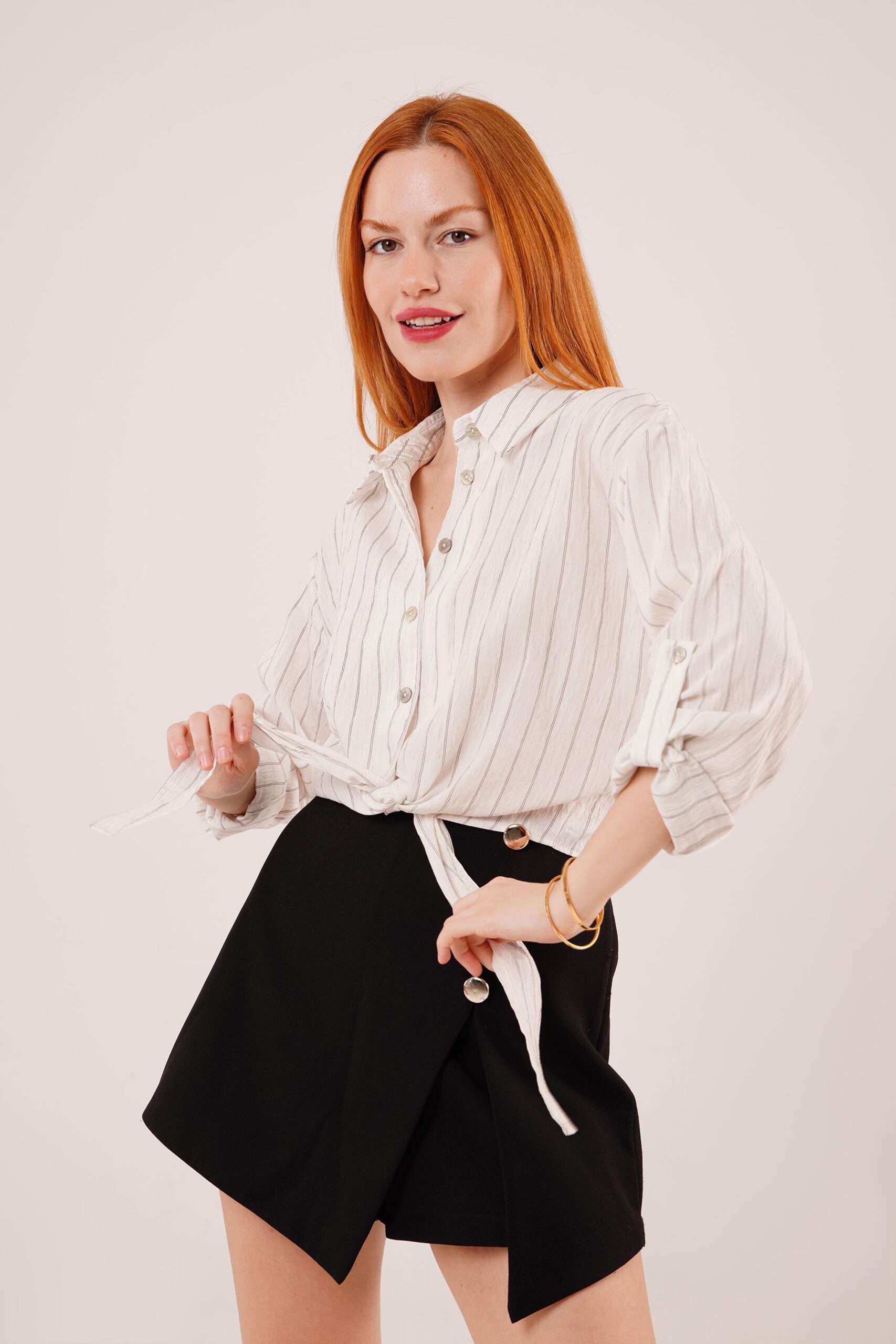 Wholesale White Shirt With Sleeve Detailed Tie Up Stripes - Brand: Lustrin - Women & Kids, Baby Clothes Wholesale - TheBS Women