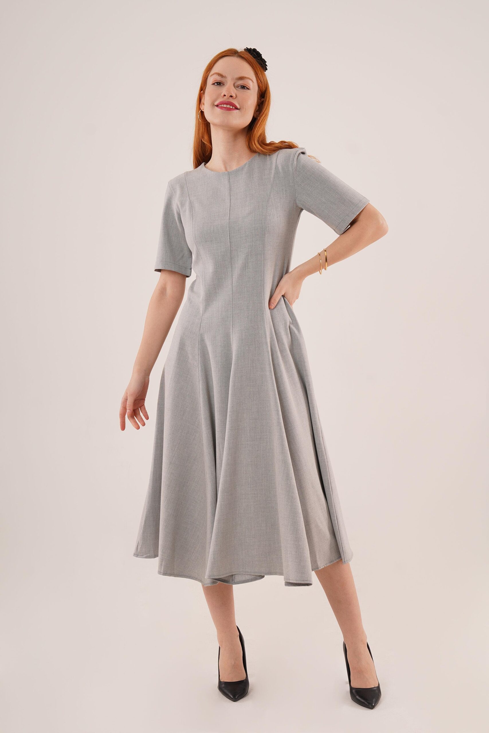 WholesaleLong Dress With Stitching Detailed Short Sleeve - Brand: Lustrin - Women & Kids, Baby Clothes Wholesale - TheBS Women