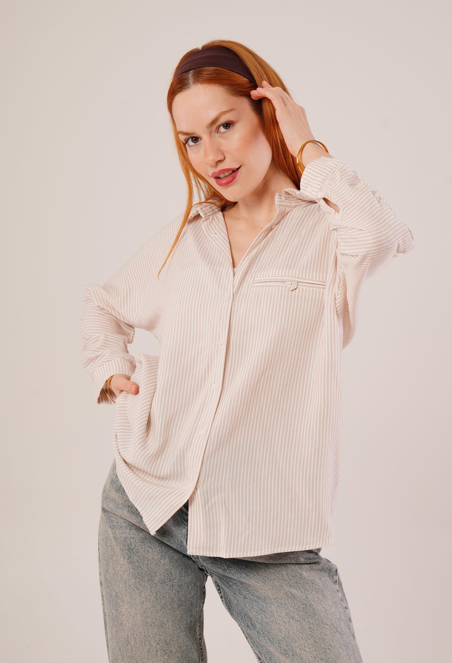Pocket Detail Striped Oversize WholesaleShirt - Brand: Lustrin - Women & Kids, Baby Clothes Wholesale - TheBS Women