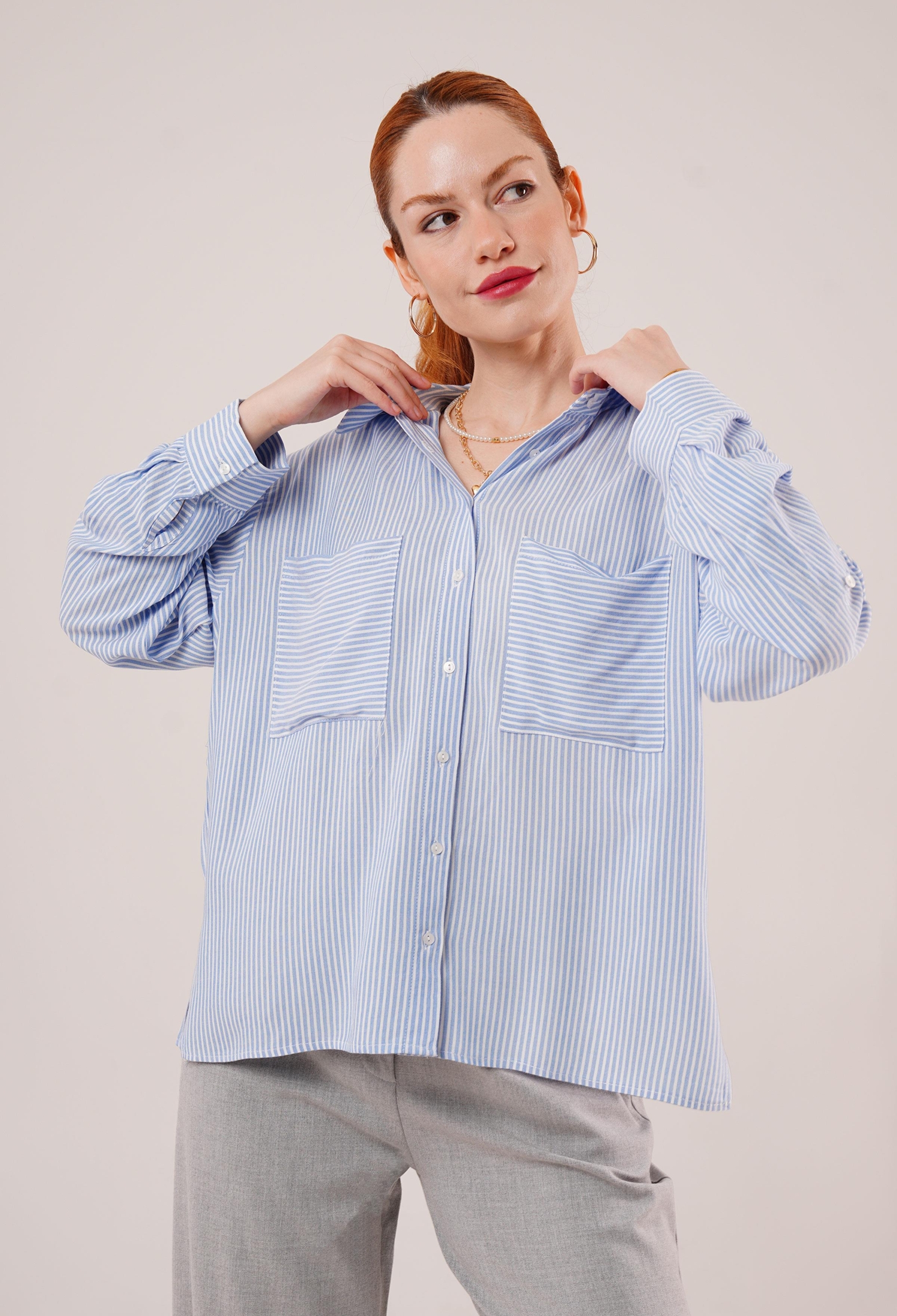 Bat Sleeve Striped Pocket Detailed WholesaleShirt - Brand: Lustrin - Women & Kids, Baby Clothes Wholesale - TheBS Women