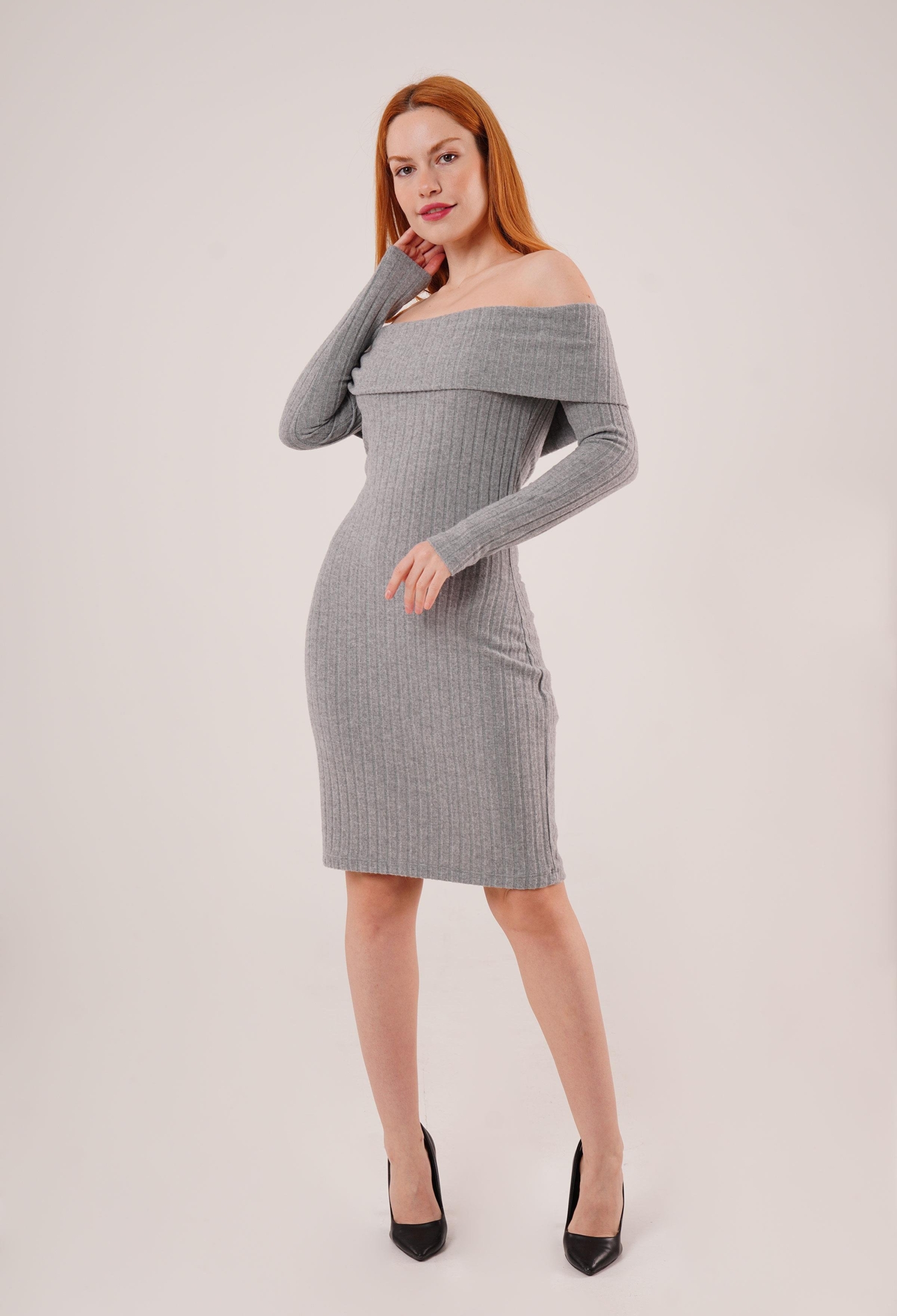 WholesaleKnitwear Dress With Madonna Collar Ribbed - Brand: Lustrin - Women & Kids, Baby Clothes Wholesale - TheBS Women