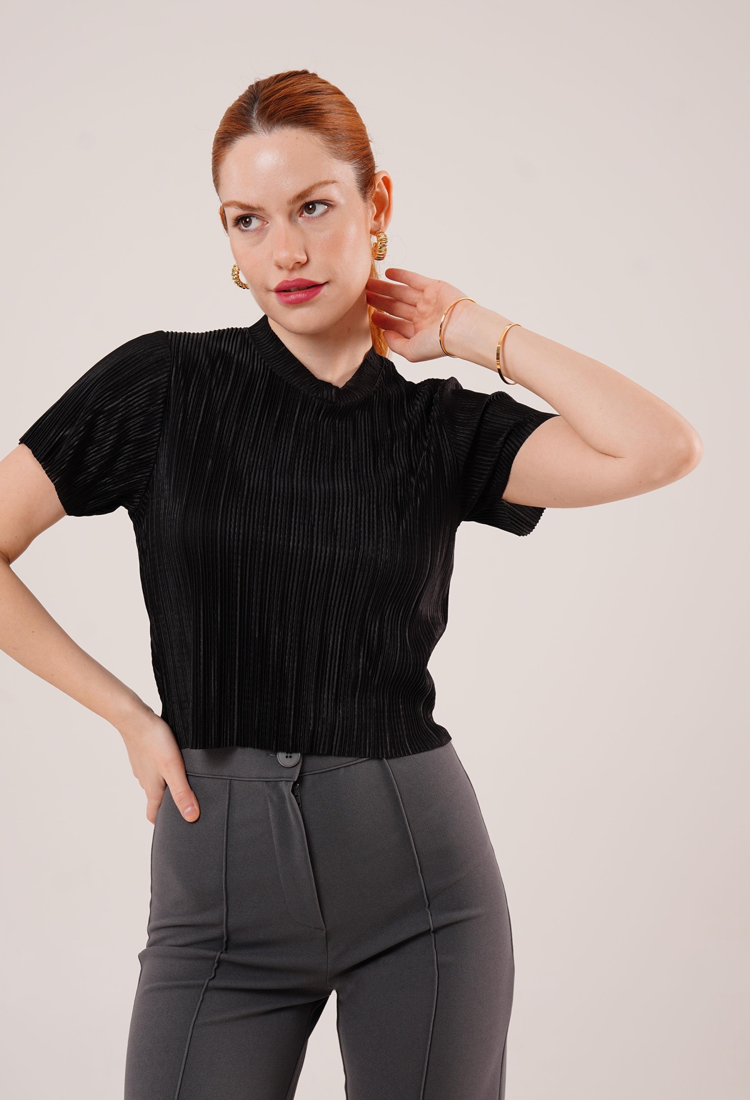 Ribbed Short Sleeve Shiny WholesaleBlouse - Brand: Lustrin - Women & Kids, Baby Clothes Wholesale - TheBS Women