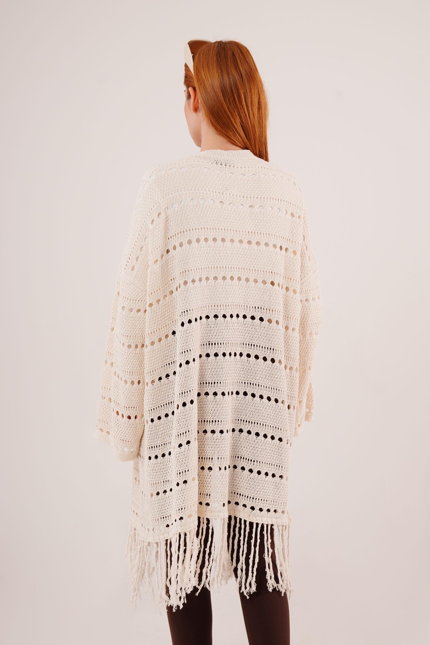 Perforated Transitional Tassel Detail Long Knitwear WholesaleCardigan – Brand: Lustrin – Women & Kids, Baby Clothes Wholesale – TheBS Women