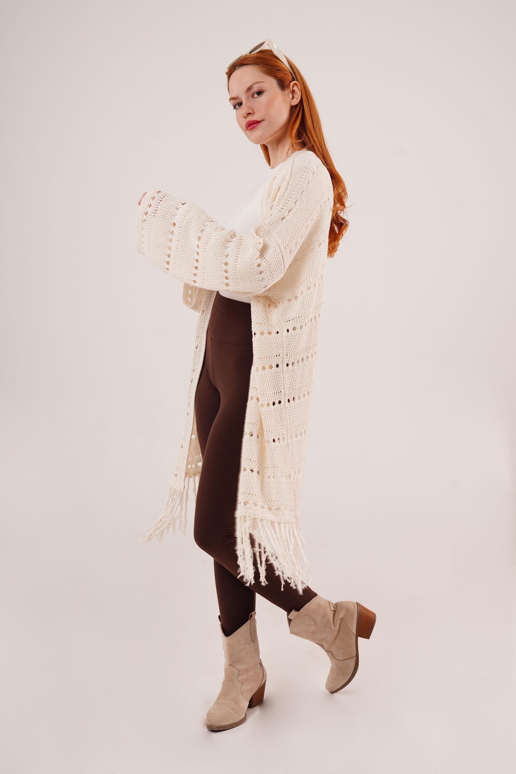 Perforated Transitional Tassel Detail Long Knitwear WholesaleCardigan – Brand: Lustrin – Women & Kids, Baby Clothes Wholesale – TheBS Women