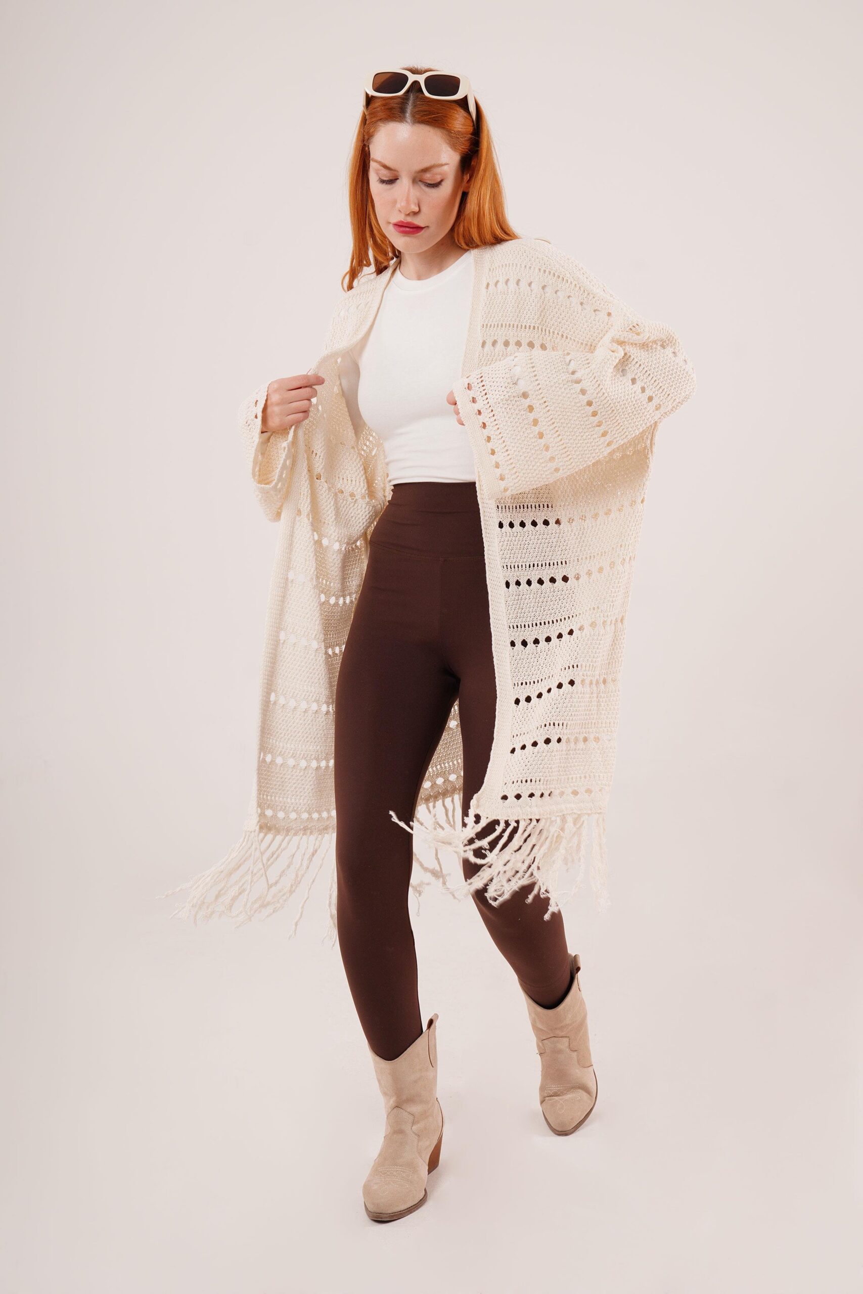 Perforated Transitional Tassel Detail Long Knitwear WholesaleCardigan – Brand: Lustrin – Women & Kids, Baby Clothes Wholesale – TheBS Women