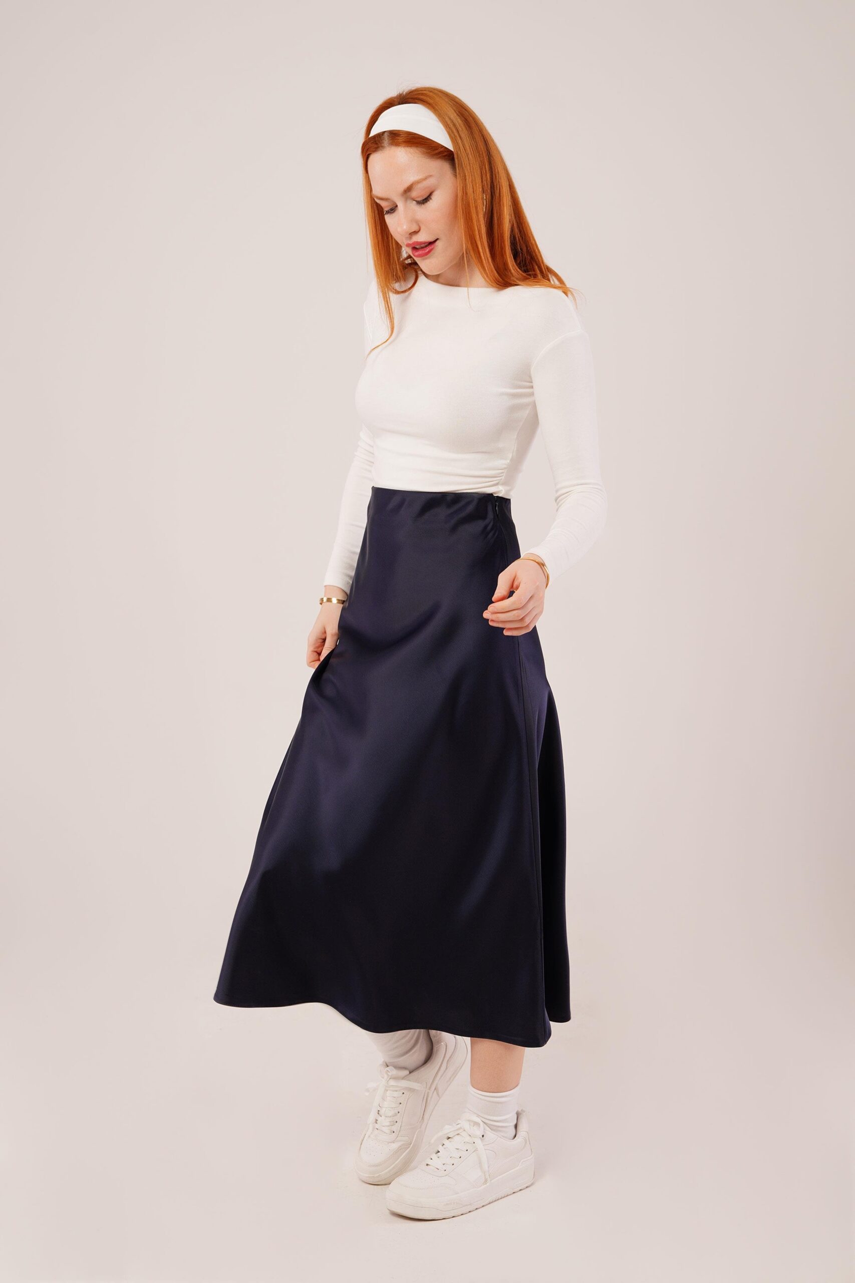 Bell Cut Midi Navy Wholesale Satin Skirt - Brand: Lustrin - Women & Kids, Baby Clothes Wholesale - TheBS Women