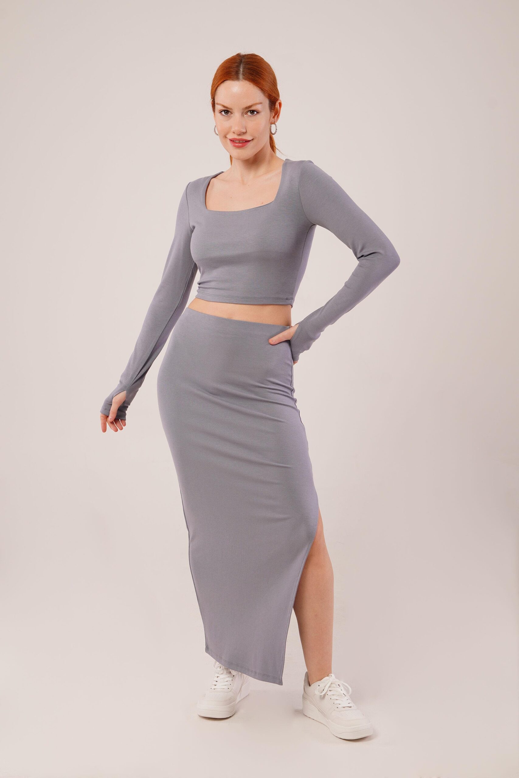 Square Collar Blouse And Slit Detailed Skirt Wholesale Double Gray Suit - Brand: Lustrin - Women & Kids, Baby Clothes Wholesale - TheBS Women