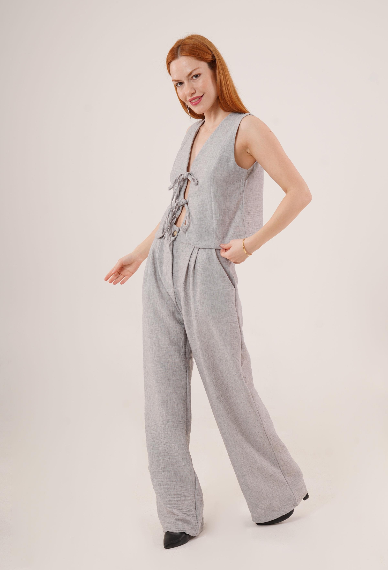 Front Drawstring Detailed Vest And PantsWholesale Two Piece Suit - Brand: Lustrin - Women & Kids, Baby Clothes Wholesale - TheBS Women