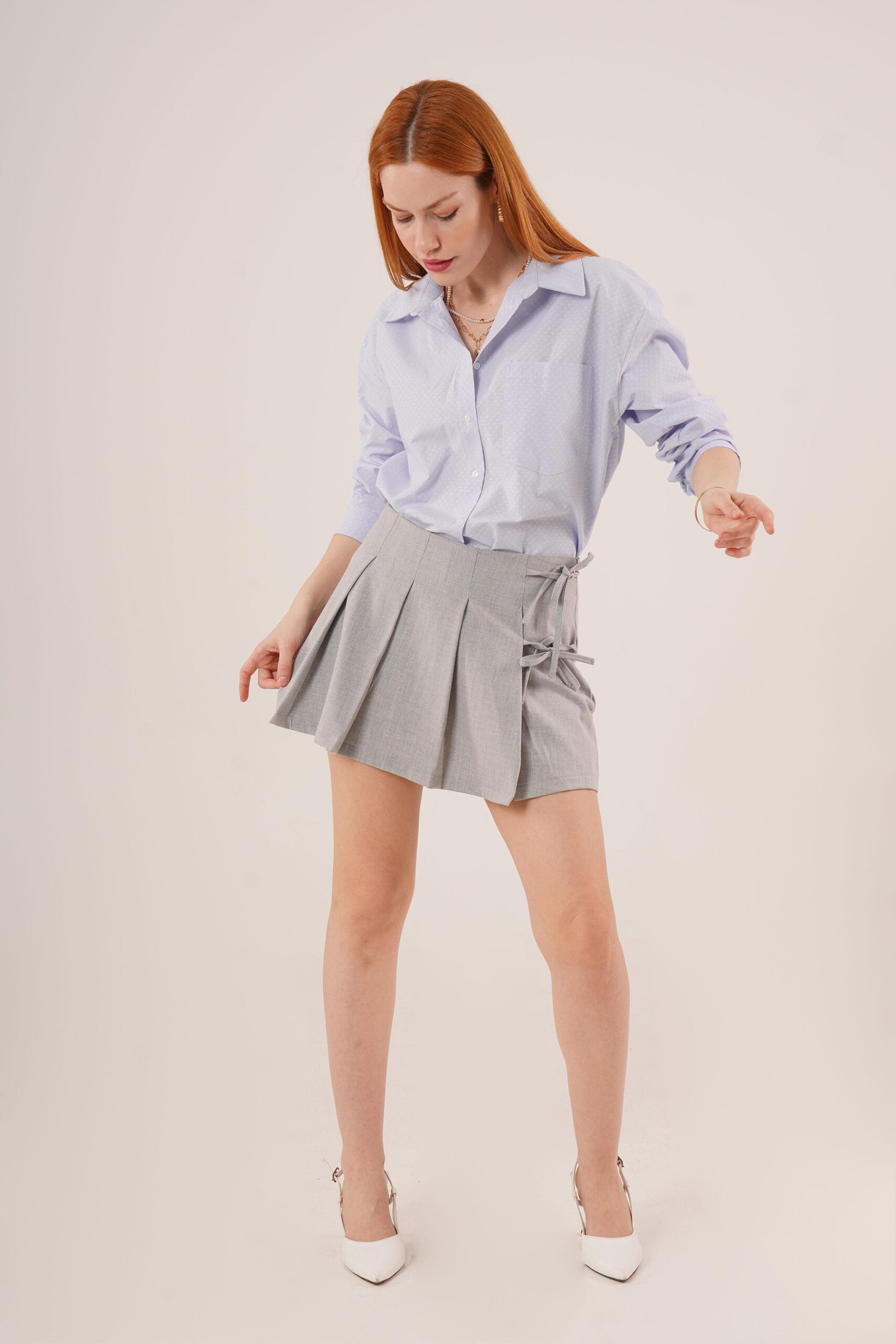 Wholesale Gray Mini Shorts Skirt With Pleated Side Drawstring Detail – Brand: Lustrin – Women & Kids, Baby Clothes Wholesale – TheBS Women