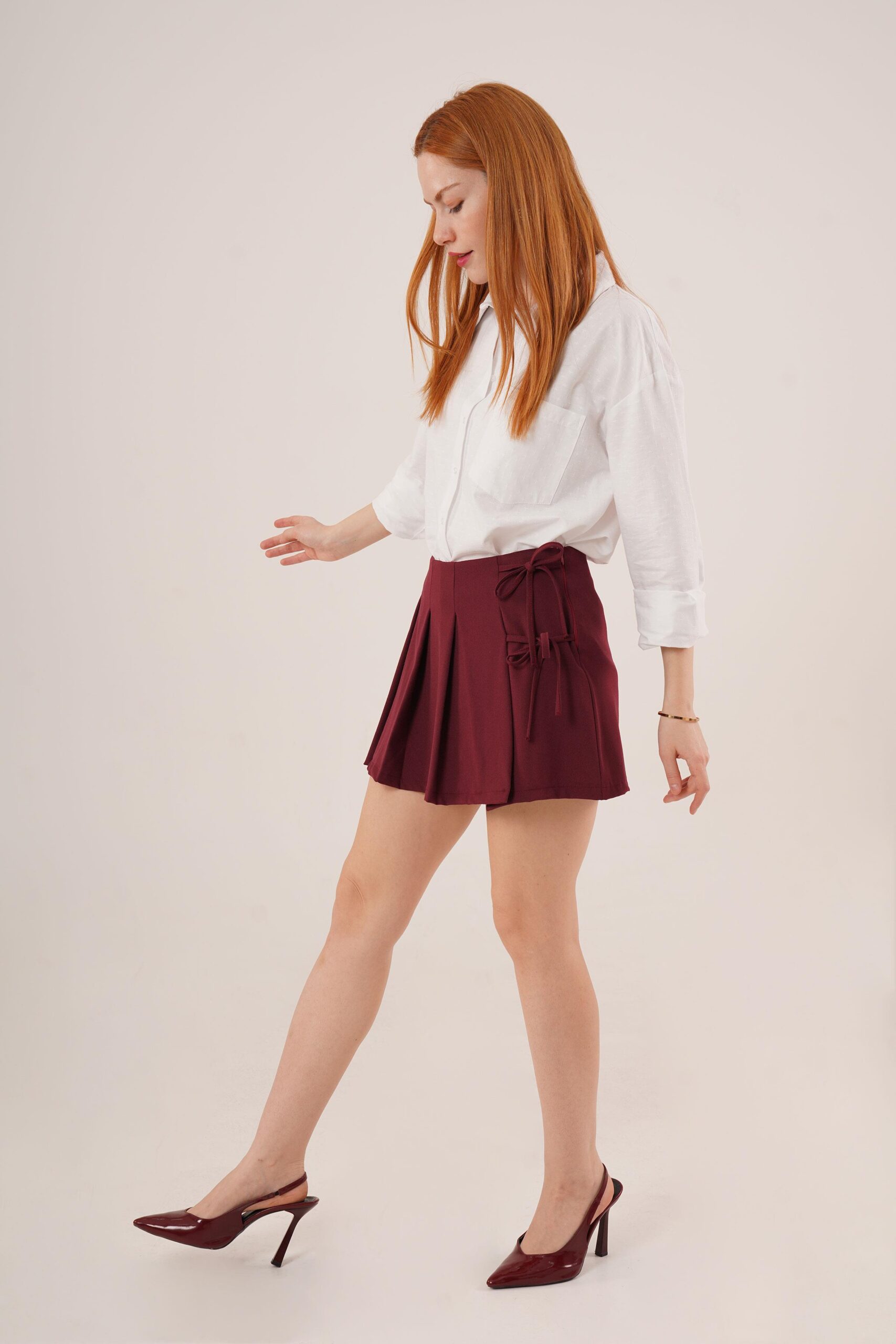 Front Pleated Side Drawstring Detailed Wholesale Burgundy Mini Shorts Skirt – Brand: Lustrin – Women & Kids, Baby Clothes Wholesale – TheBS Women