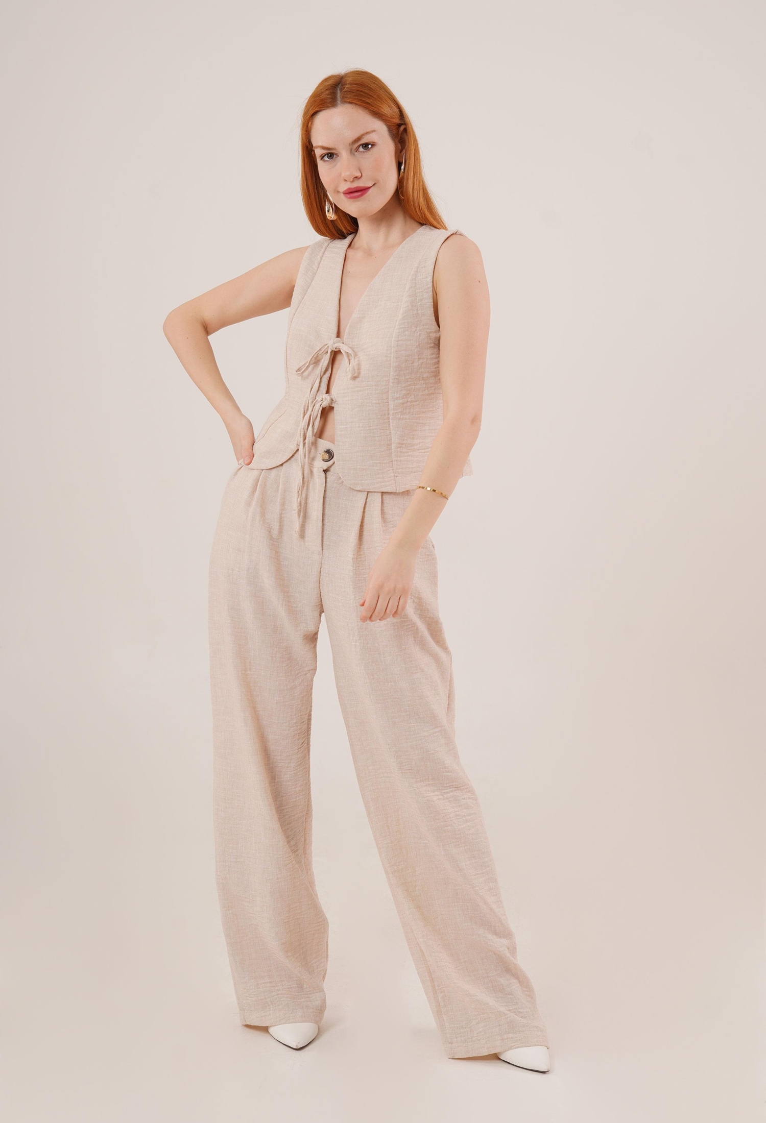 Front Drawstring Detailed Vest And PantsWholesale Two Piece Suit - Brand: Lustrin - Women & Kids, Baby Clothes Wholesale - TheBS Women