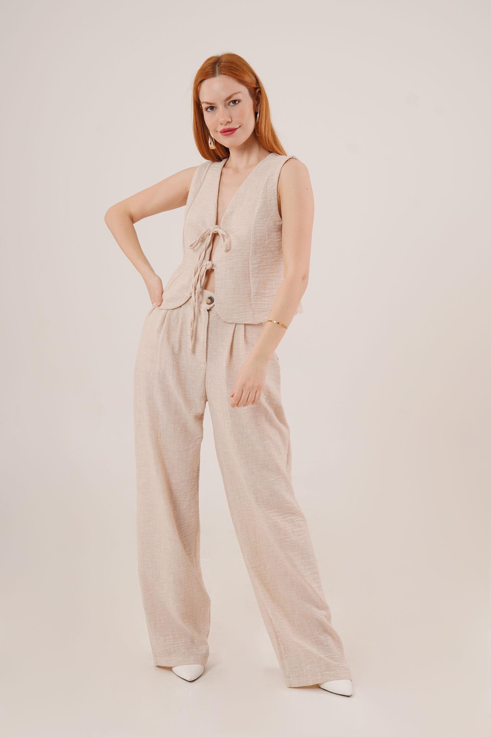 Front Drawstring Detailed Vest And PantsWholesale Two Piece Suit - Brand: Lustrin - Women & Kids, Baby Clothes Wholesale - TheBS Women