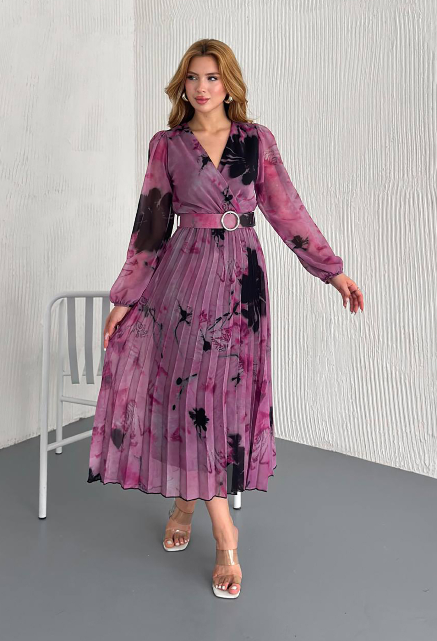 Double Breasted Collar Chiffon Dress With Belt - Brand: Mode Roy - Women & Kids, Baby Clothes Wholesale - TheBS Women