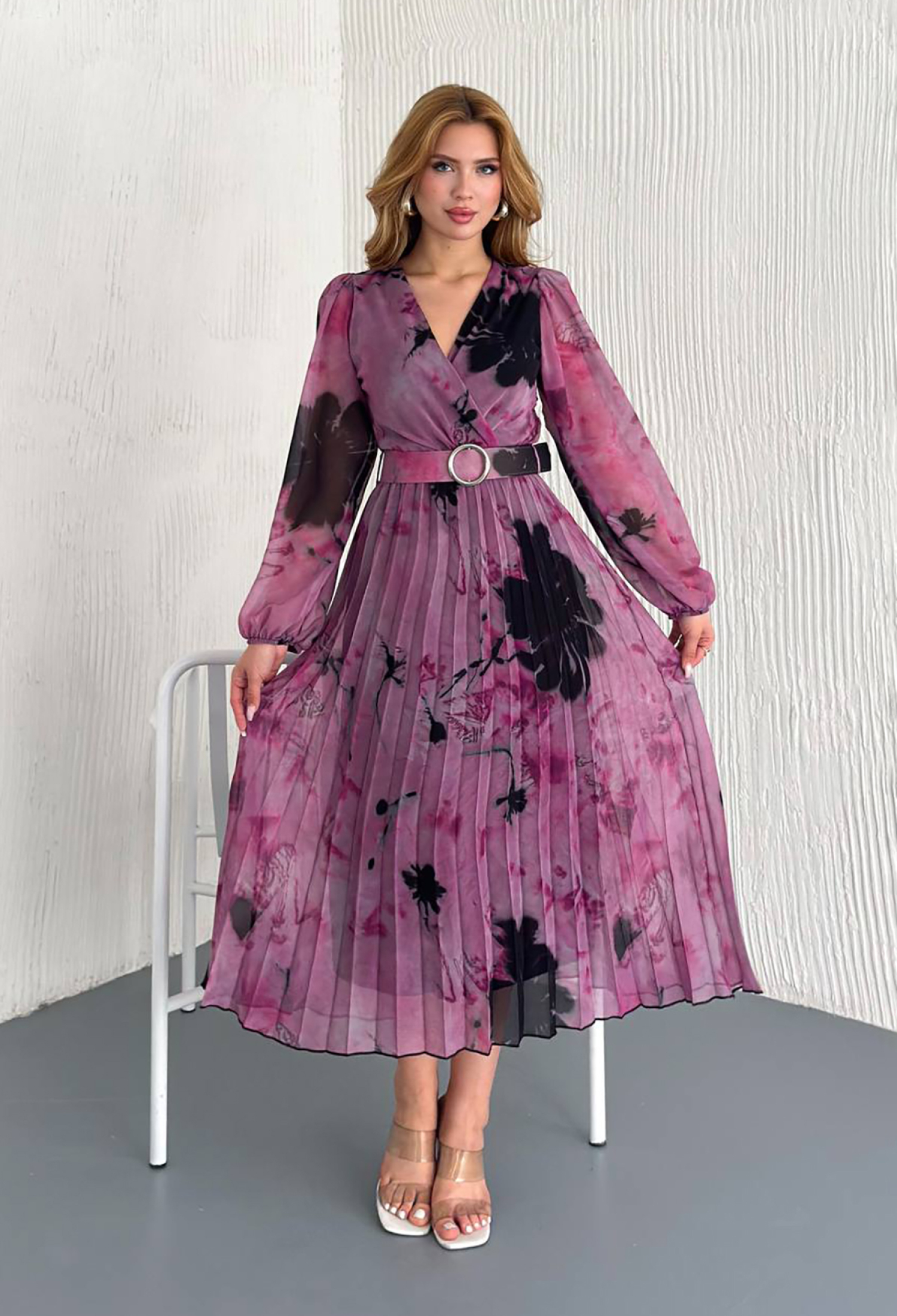 Double Breasted Collar Chiffon Dress With Belt - Brand: Mode Roy - Women & Kids, Baby Clothes Wholesale - TheBS Women