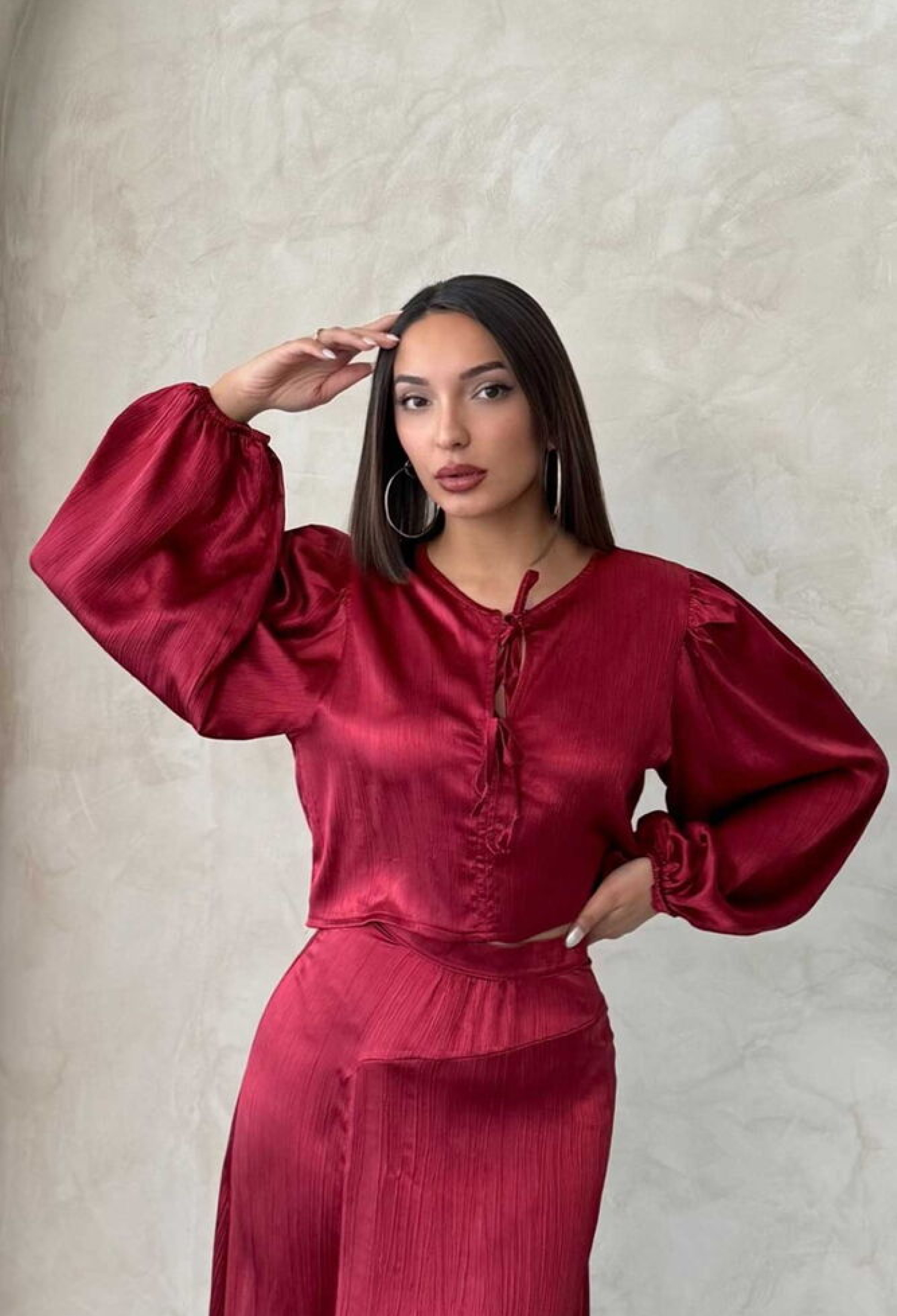 Lace Satin Front Tie Blouse - Burgundy - Brand: Topshow - Women & Kids, Baby Clothes Wholesale - TheBS Women