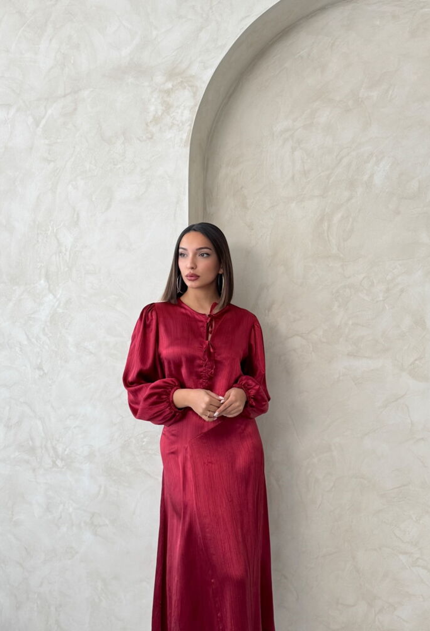 Lace Satin Front Tie Blouse - Burgundy - Brand: Topshow - Women & Kids, Baby Clothes Wholesale - TheBS Women