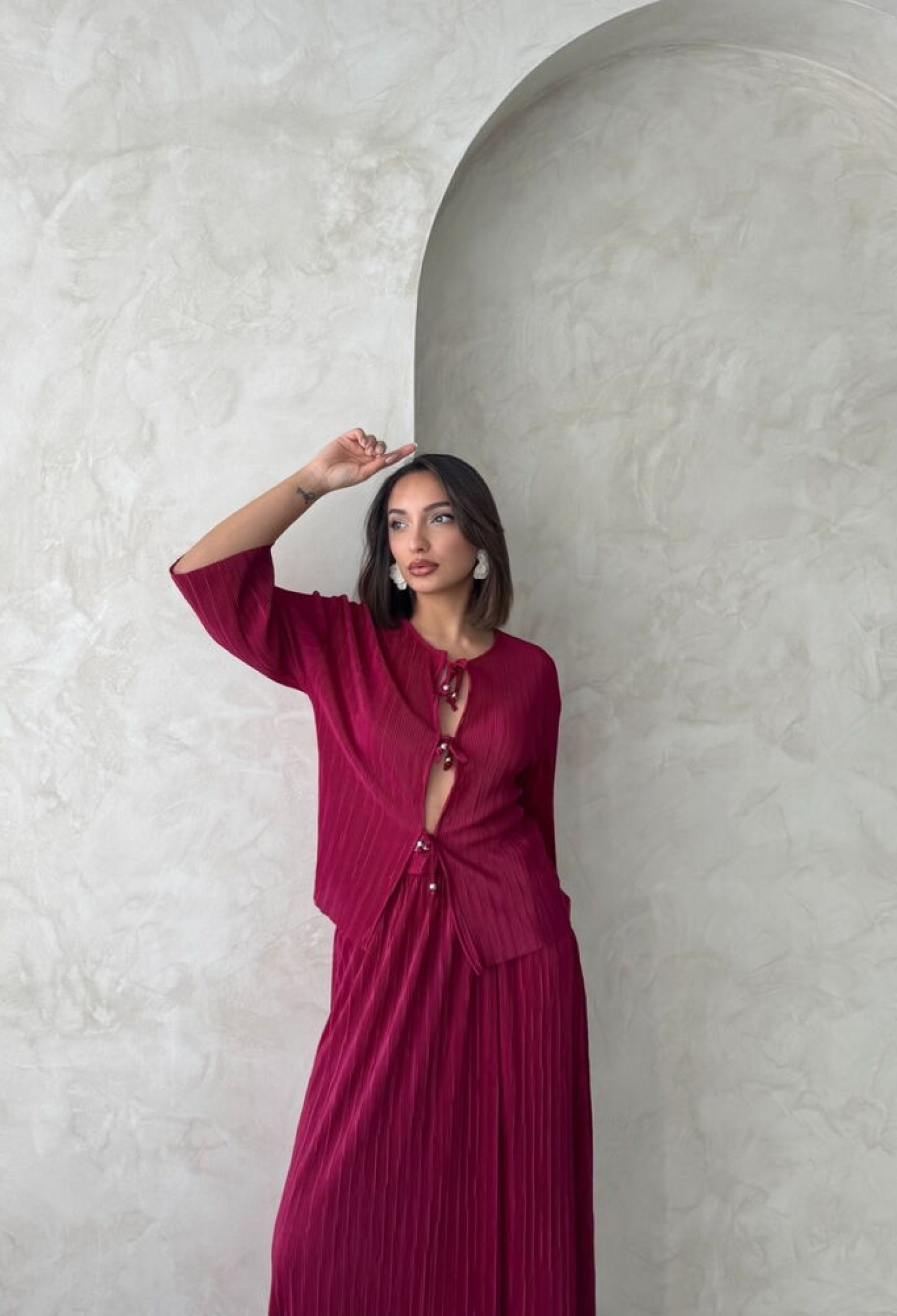 Front Tie Pleated Jacket - Burgundy - Brand: Topshow - Women & Kids, Baby Clothes Wholesale - TheBS Women