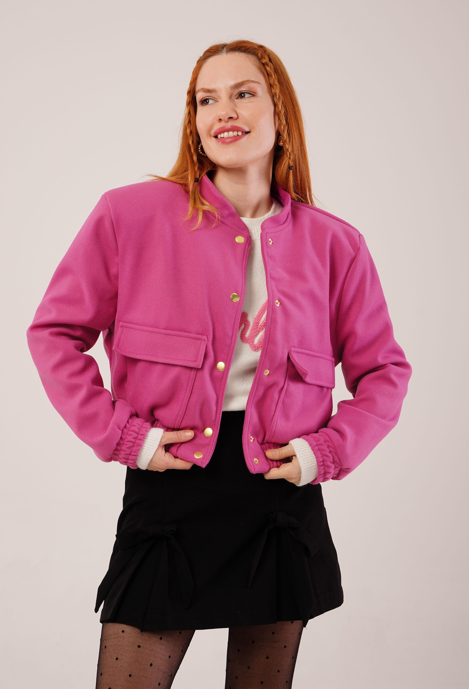 Gold Buttoned Cashmere WholesaleBomber Jacket - Brand: Lustrin - Women & Kids, Baby Clothes Wholesale - TheBS Women