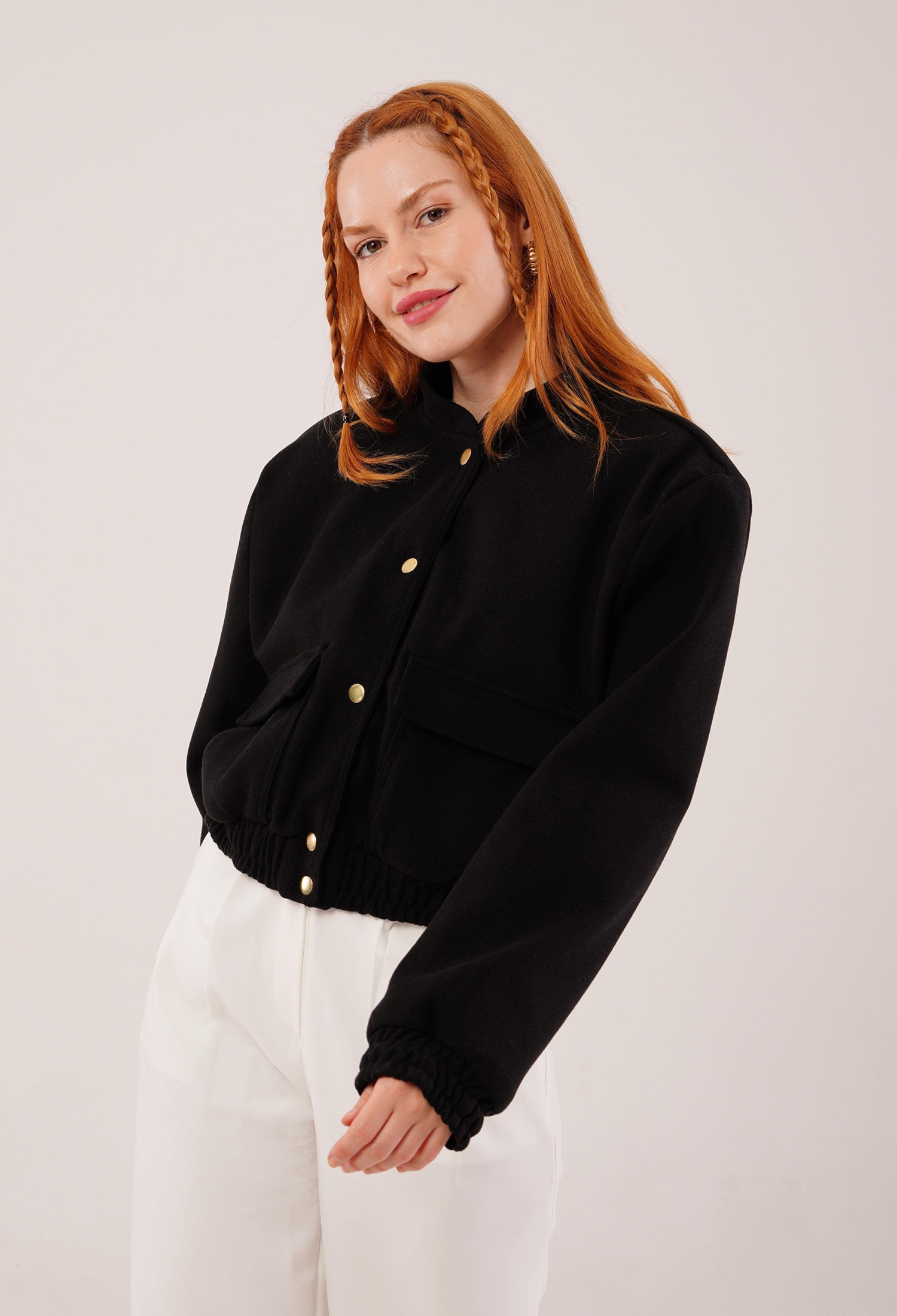 Gold Buttoned Cashmere WholesaleBomber Jacket - Brand: Lustrin - Women & Kids, Baby Clothes Wholesale - TheBS Women