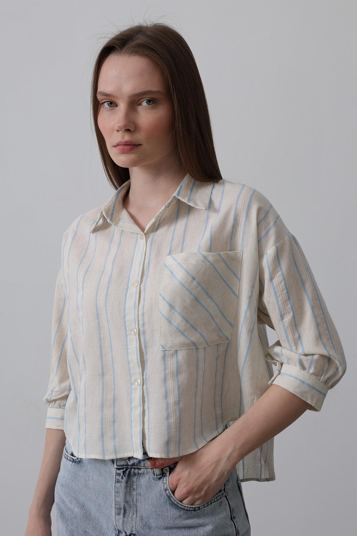 Striped Short Shirt – – Beige – Brand: Reyon – Women & Kids, Baby Clothes Wholesale – TheBS Women